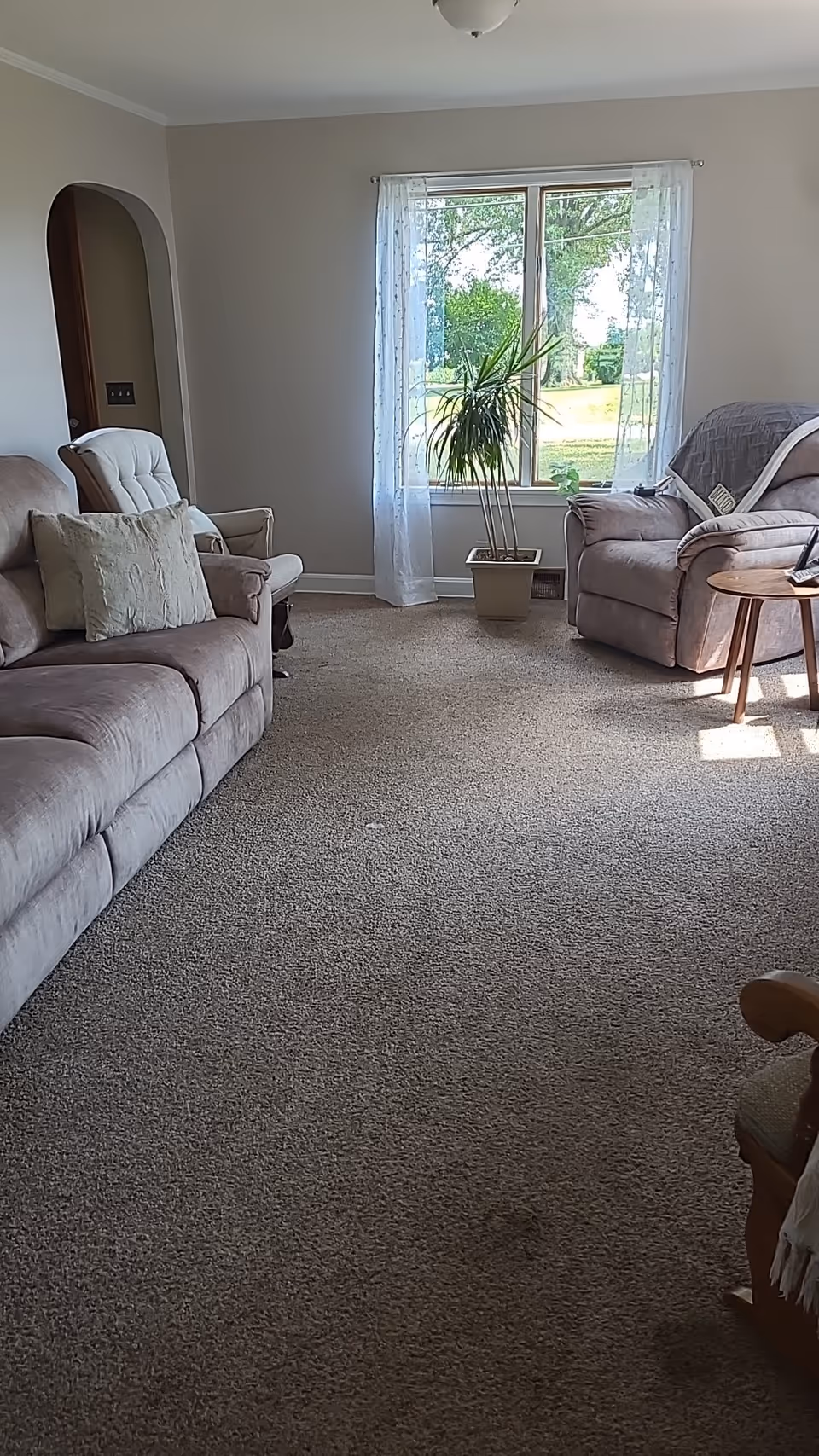 Sunlit living room with beige sofas, a plant by the window, and sheer curtains.