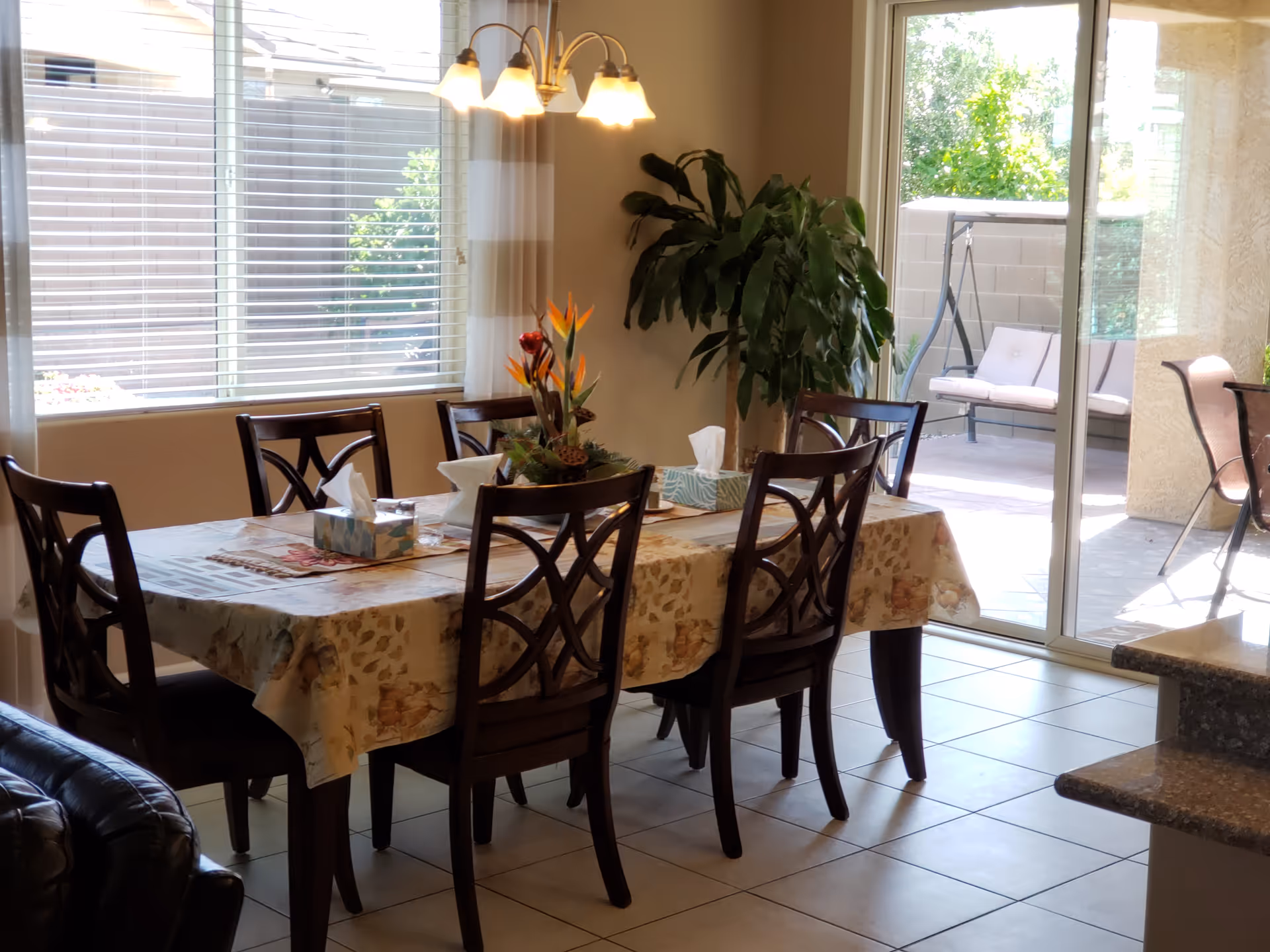 Senior dining room with a table, six chairs, plants, and a sliding glass door.