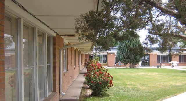 Exterior view of a Willow Tree Care Center building with a walkway, windows, and landscaped lawn.