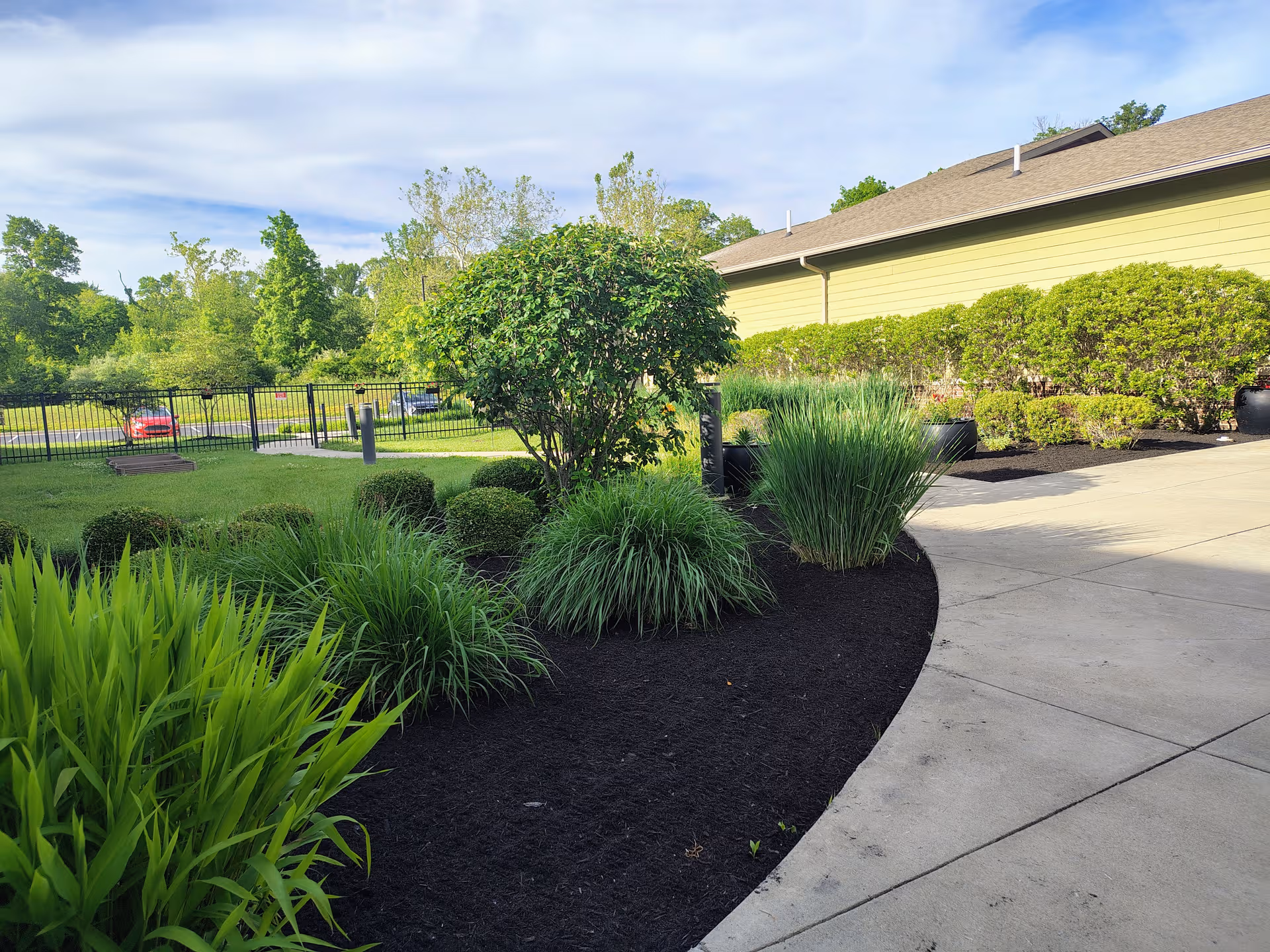 A curved concrete walkway runs along a yellow building, landscaped with shrubs and grasses.