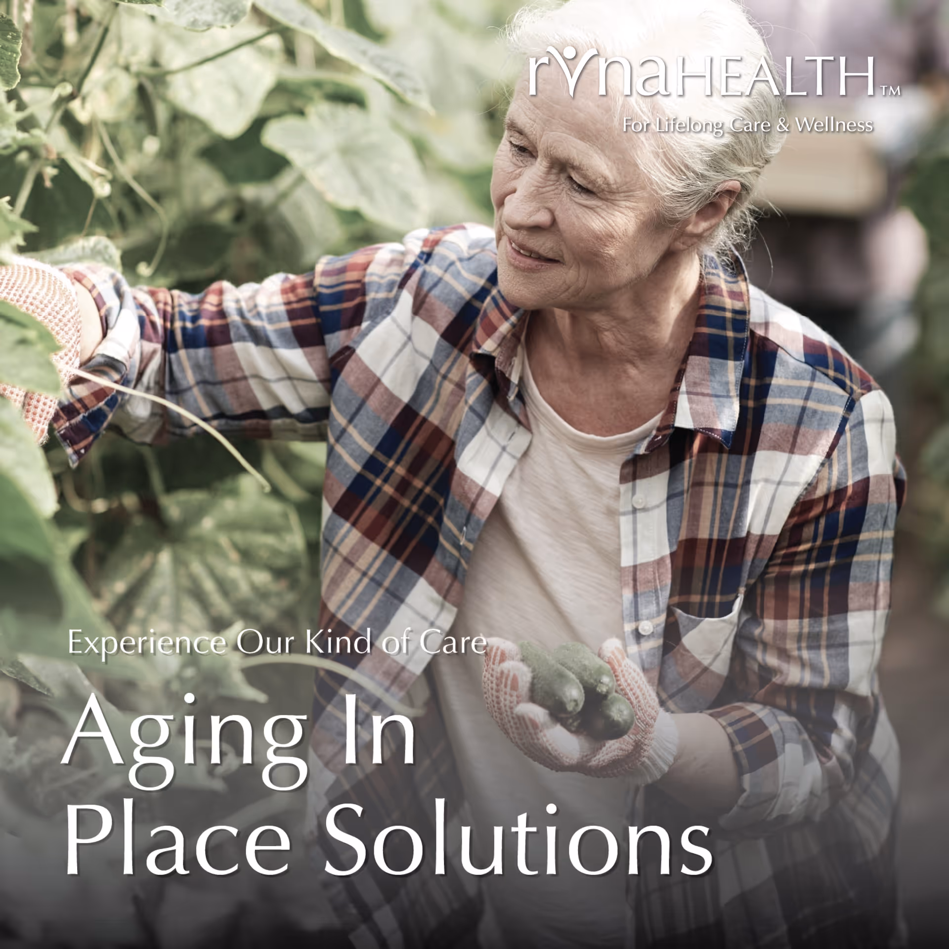 An elderly person in a plaid shirt harvests vegetables in a garden, RVNAHEALTH branding visible.