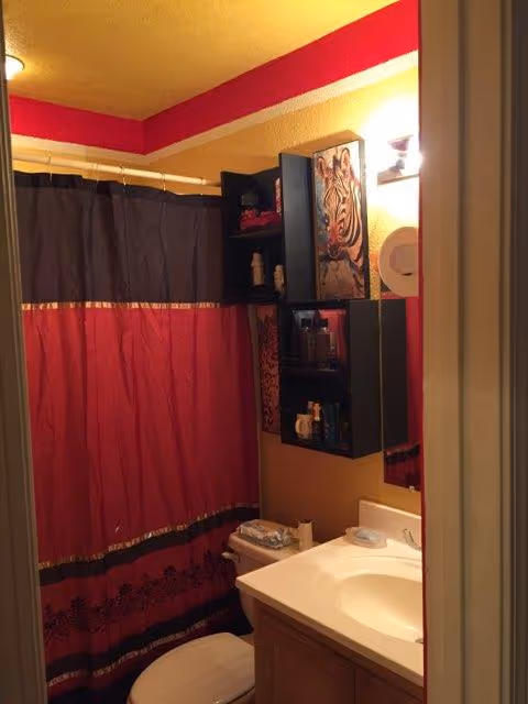 Small bathroom with red shower curtain, sink, cabinet, and toilet visible.