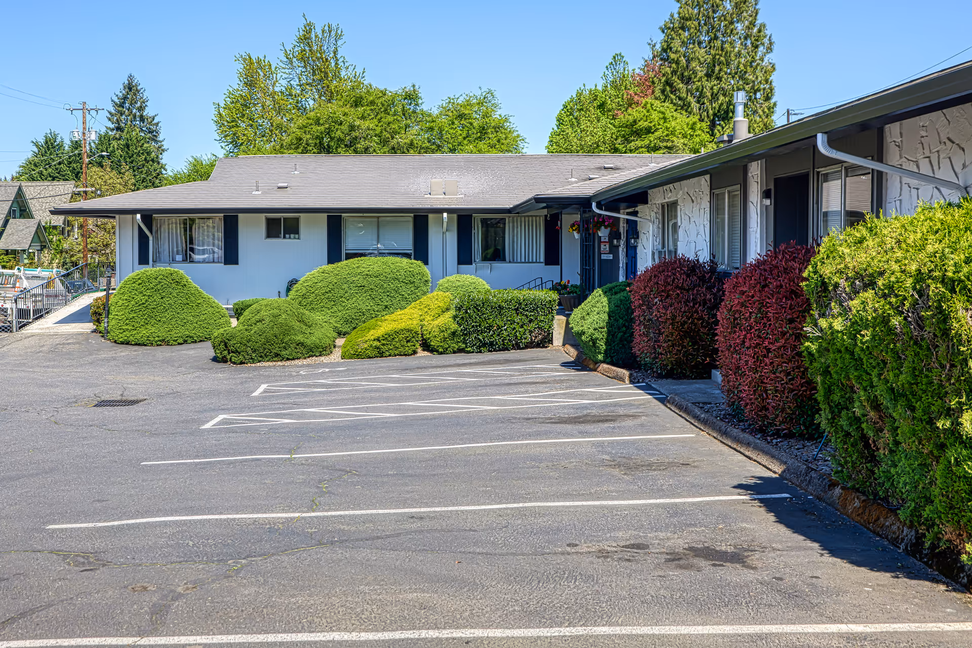 Single-story nursing facility exterior with a parking lot and trimmed shrubs.