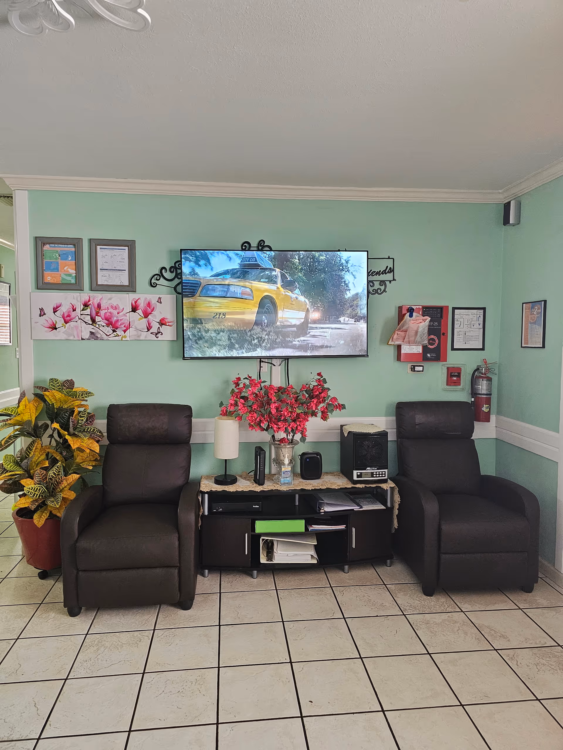 Two dark recliners flank a console with a TV and plants in a pastel lounge.