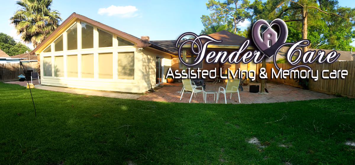 Front exterior of Tender Care Assisted Living with a patio seating area