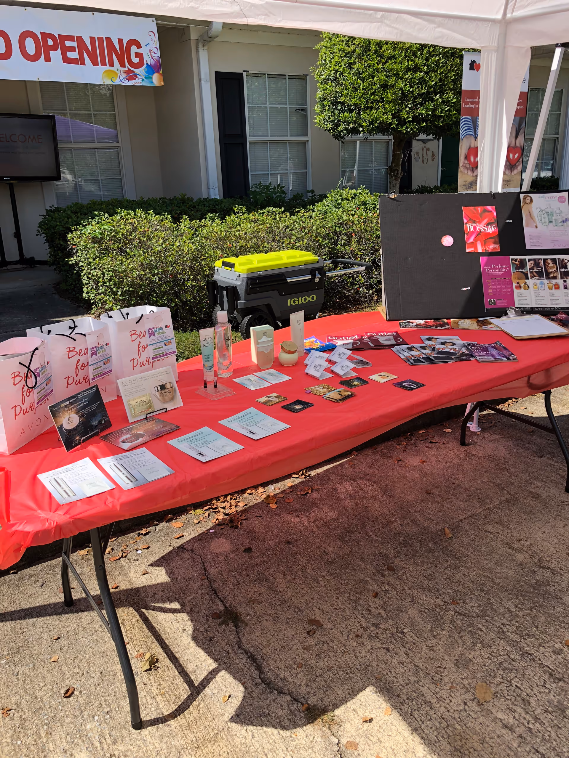 Outdoor event setup with a red tablecloth, brochures, and a display board outside a facility.