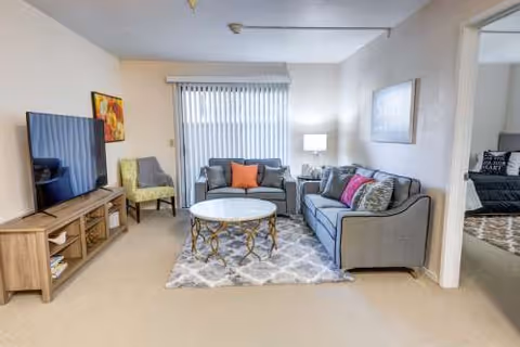 Cozy living room with grey sofas, coffee table, TV, and a rug in a shared space.
