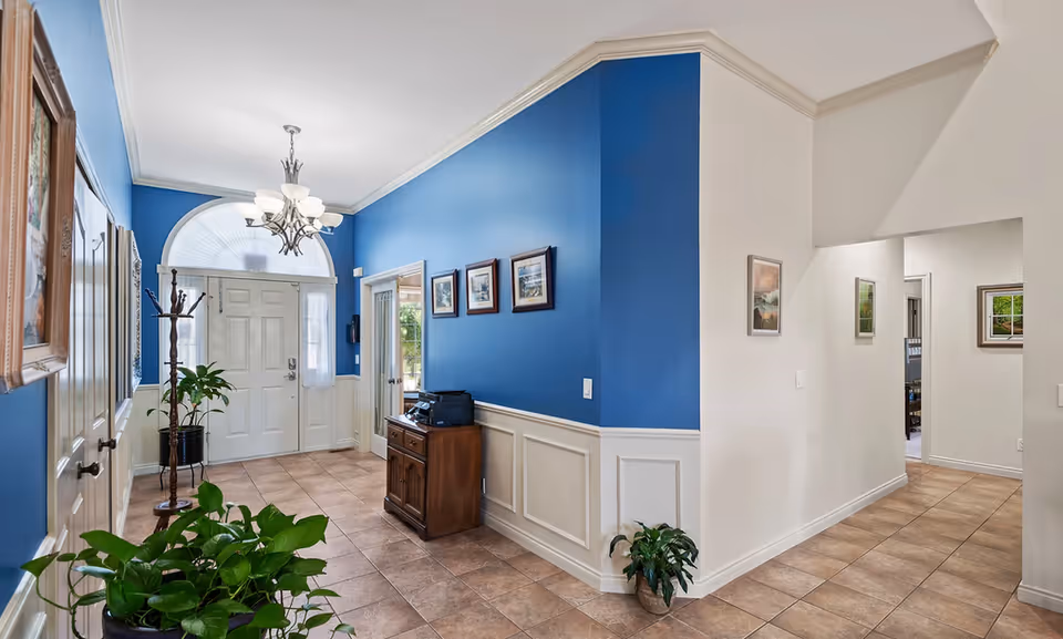 Blue-walled foyer with tiled floor, plants, framed art, and the entry door.