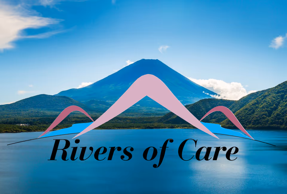 Scenic outdoor lake with mountains and Rivers of Care logo