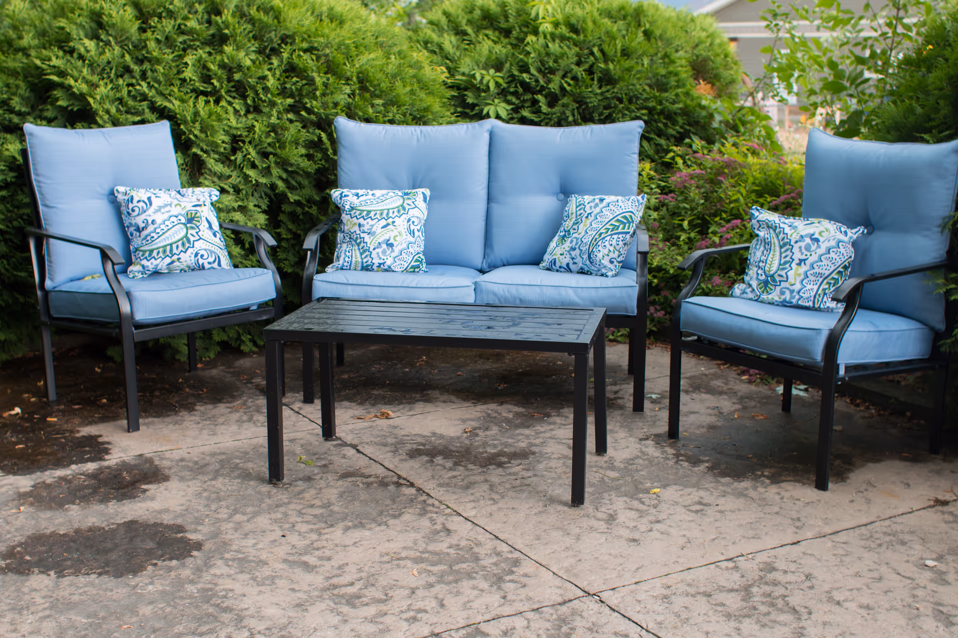 Outdoor seating area with two single chairs and one double-seater sofa with blue cushions and patterned throw pillows, arranged around a black metal coffee table on a concrete patio, surrounded by green bushes.