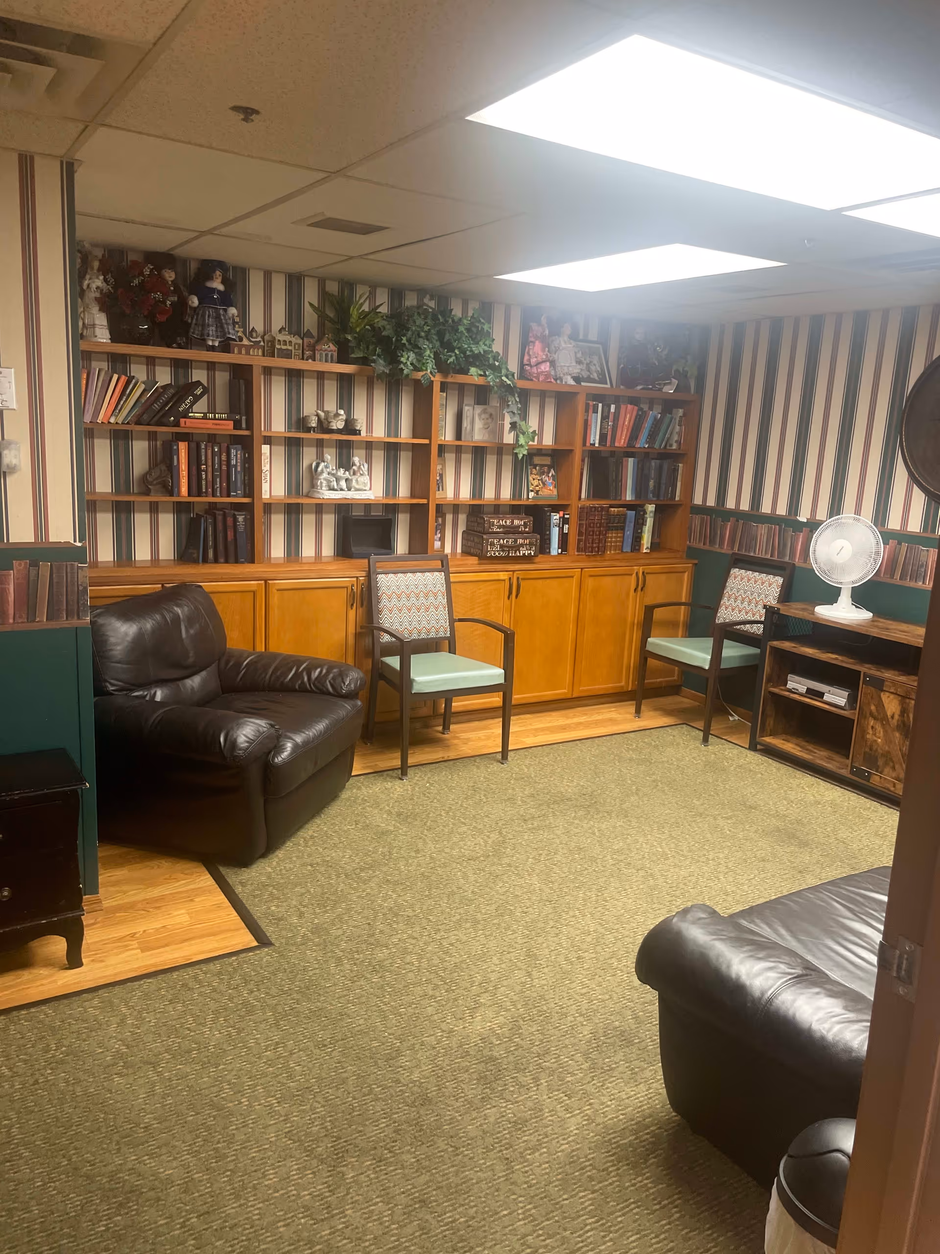 A cozy room with a green carpet and wood flooring, featuring two black leather armchairs and two wooden chairs with patterned cushions. The walls have striped wallpaper with a bookshelf wallpaper border. A large wooden bookshelf with various books, decorative dolls, plants, and framed photos lines the back wall. A small wooden cabinet with a white fan on top is in the corner. The ceiling has fluorescent lighting panels.