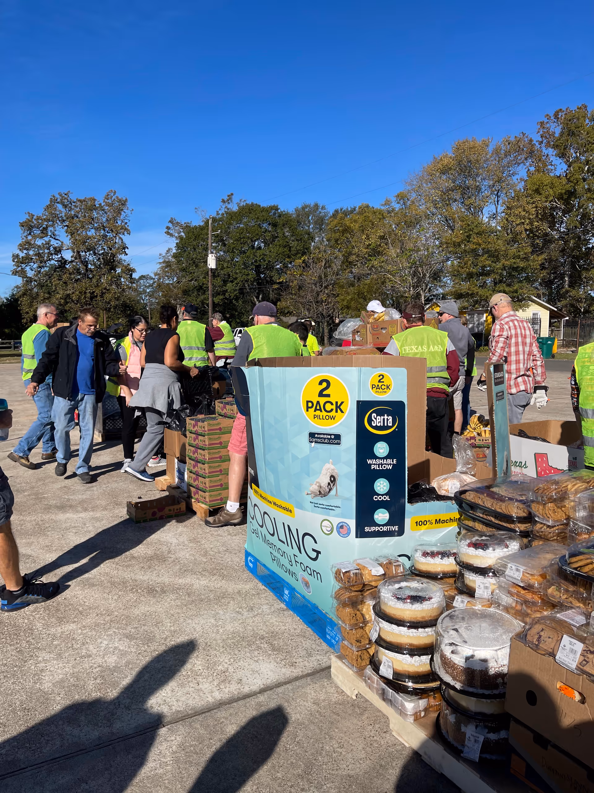 Group of volunteers outdoors around supply pallets and boxed donations at a sunny event.