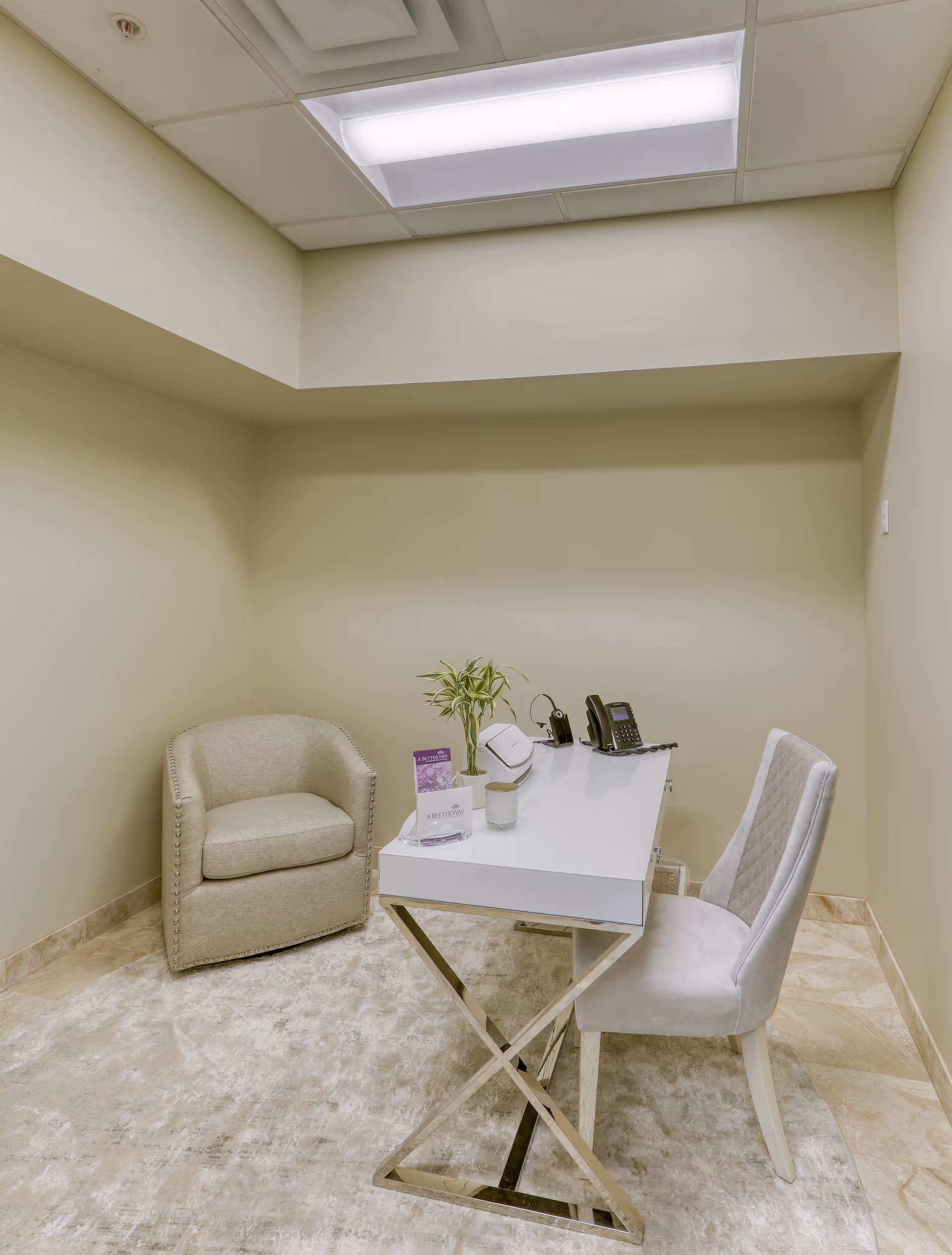 A small beige office nook with a desk, chair, plant, and office phones.