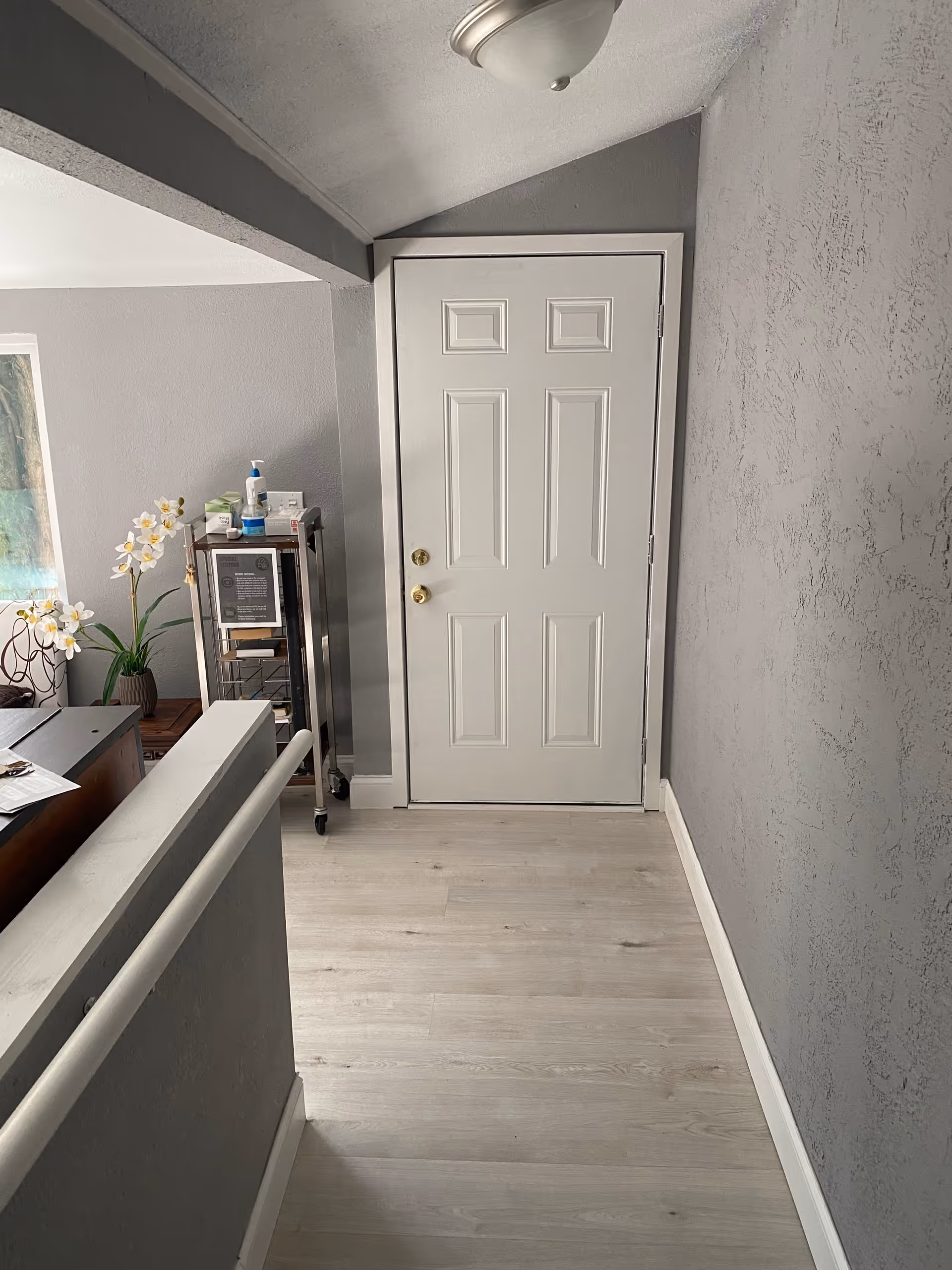 Narrow interior hallway with a white door, reception cart, and orchid plant.