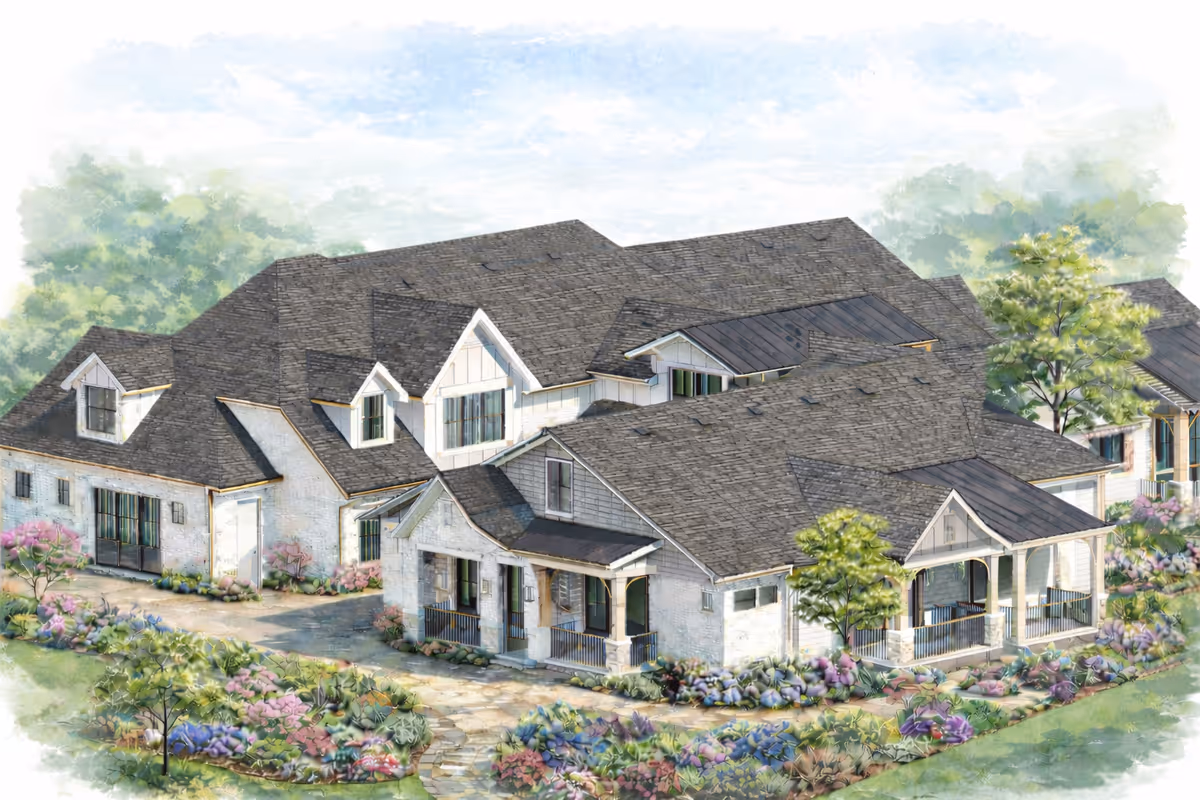 Watercolor illustration of a large senior living facility with multiple connected wings and landscaped surroundings.