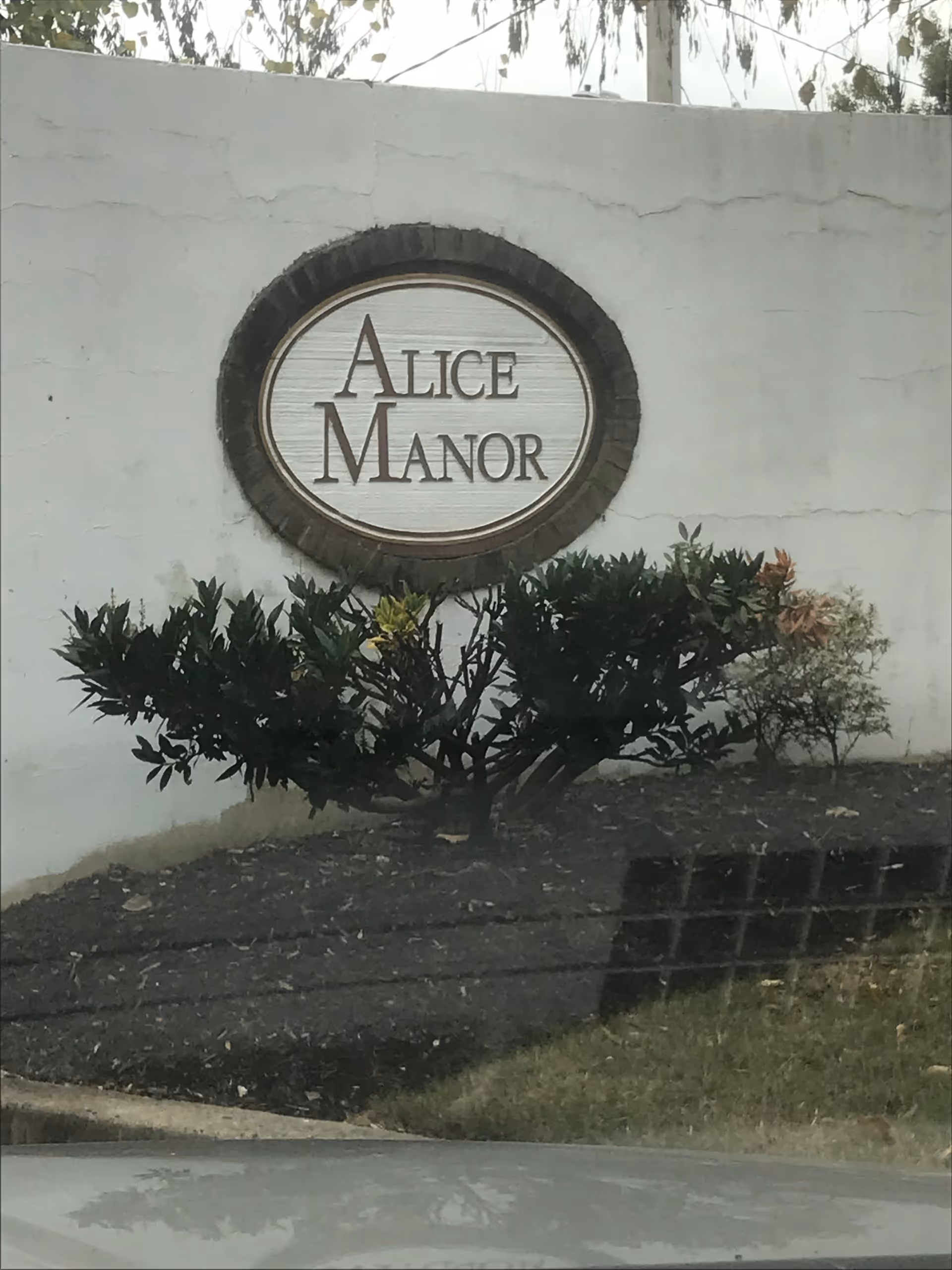 Exterior wall displaying an Alice Manor sign with trimmed shrubs.