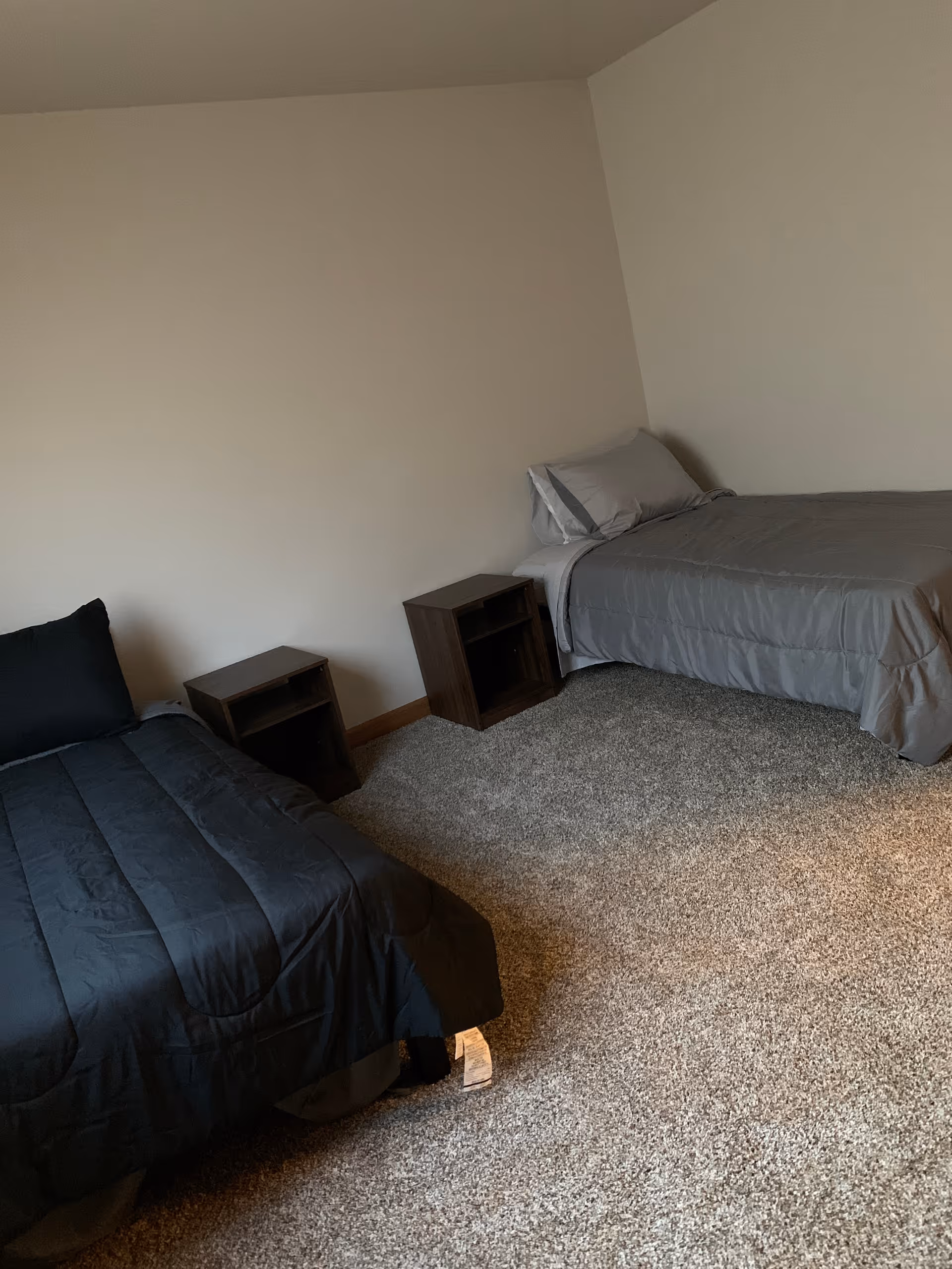 Simple bedroom with two twin beds, nightstands, and carpeted floor.