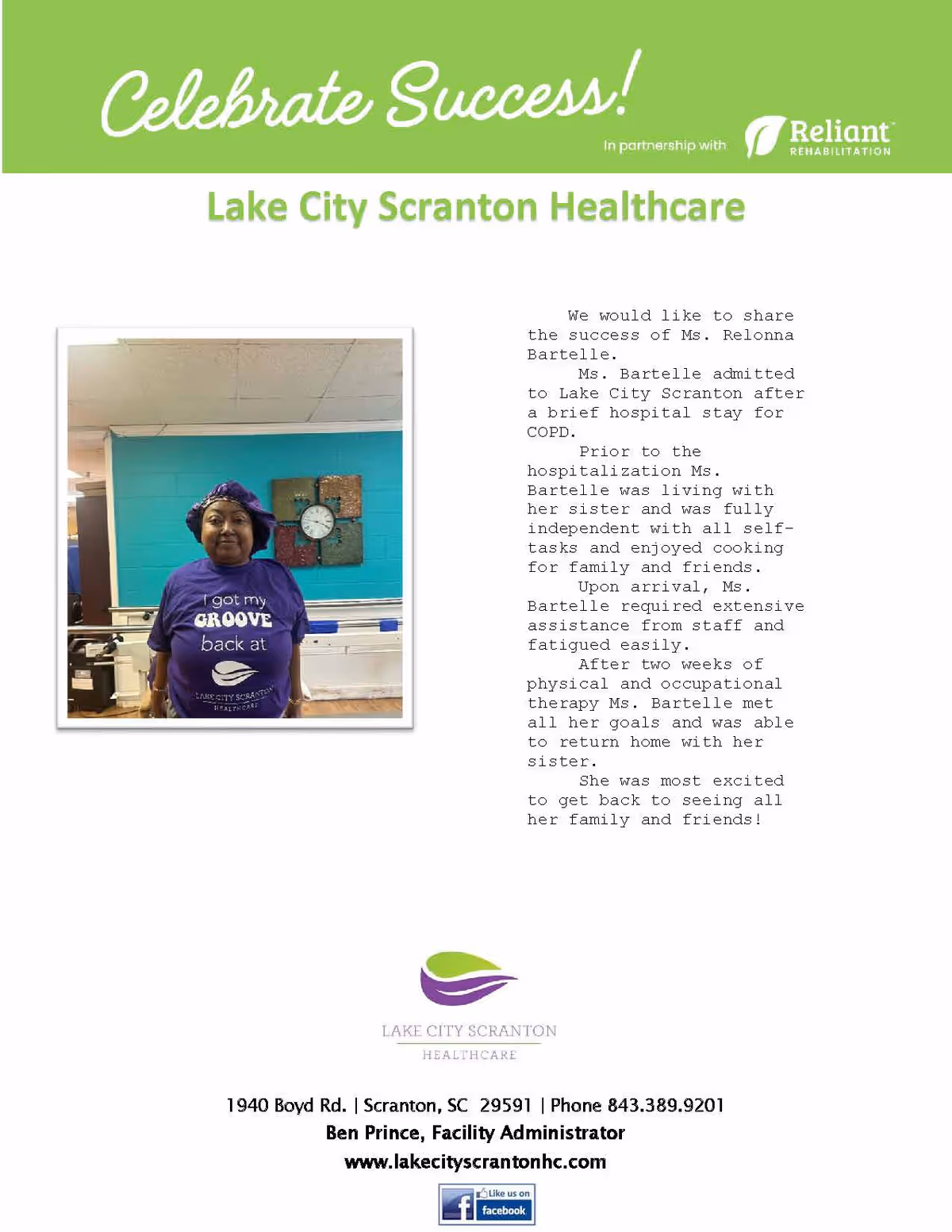 Framed photo of a person in a purple shirt on a brochure page.