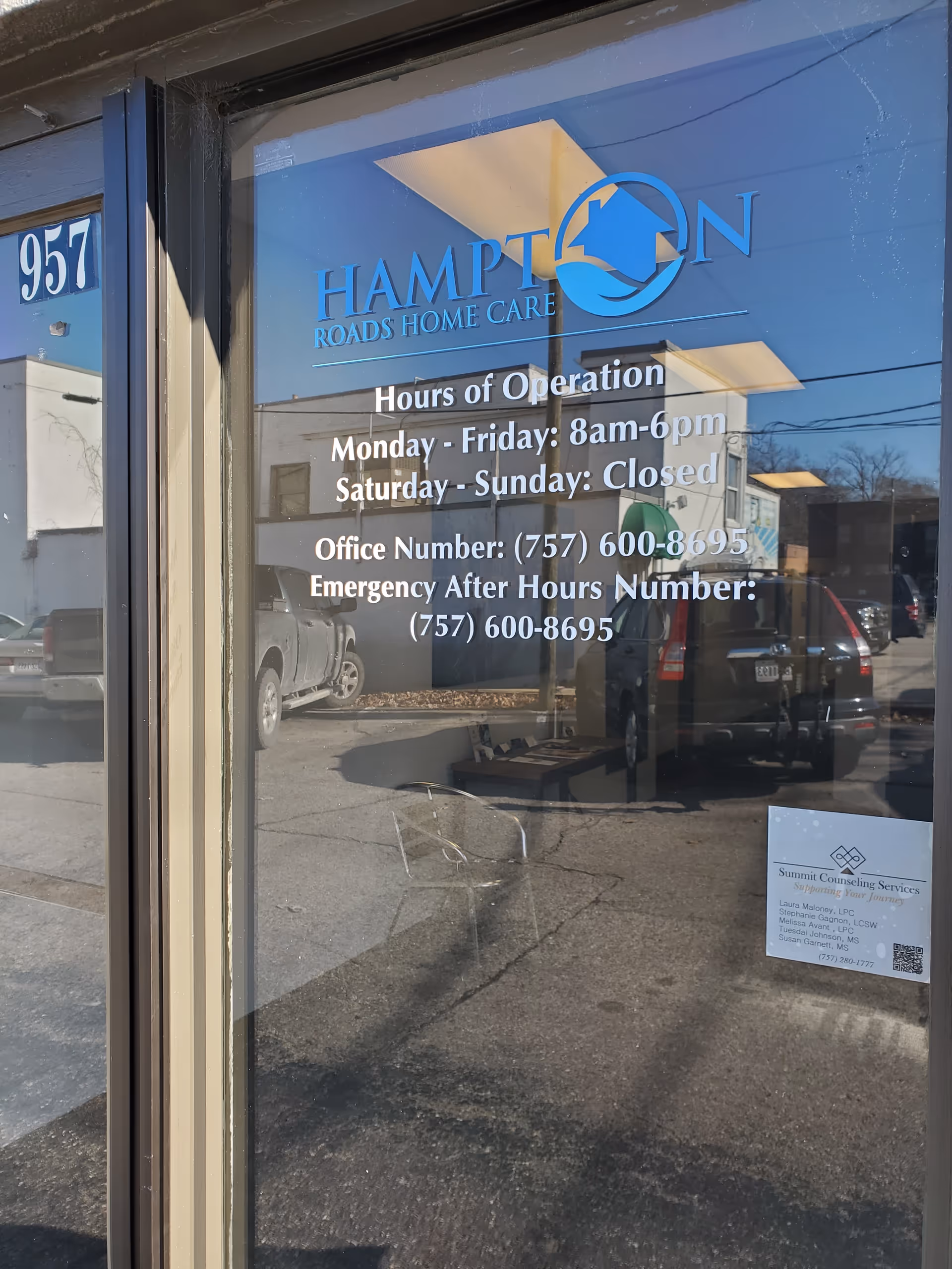 Glass storefront door with Hampton Roads Home Care logo and hours of operation visible.
