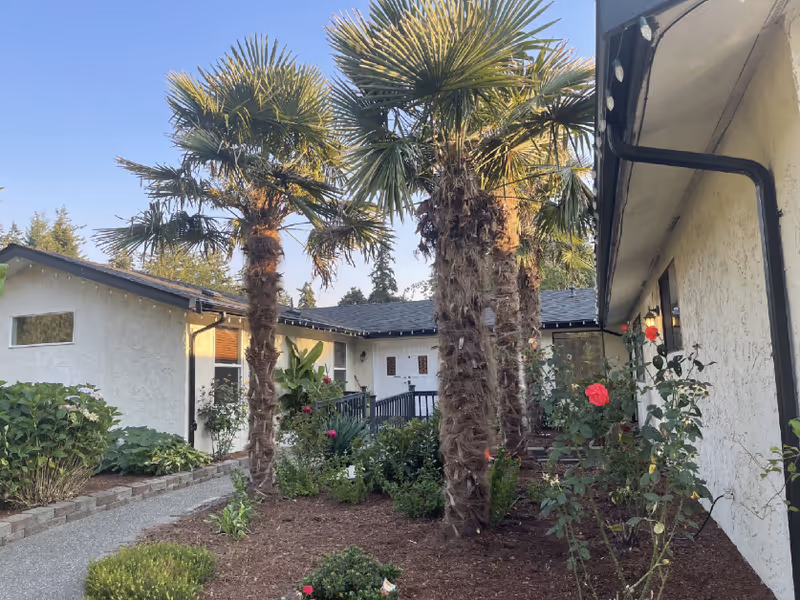 Exterior courtyard of a single-story senior home with palm trees, shrubs, and rose bushes.