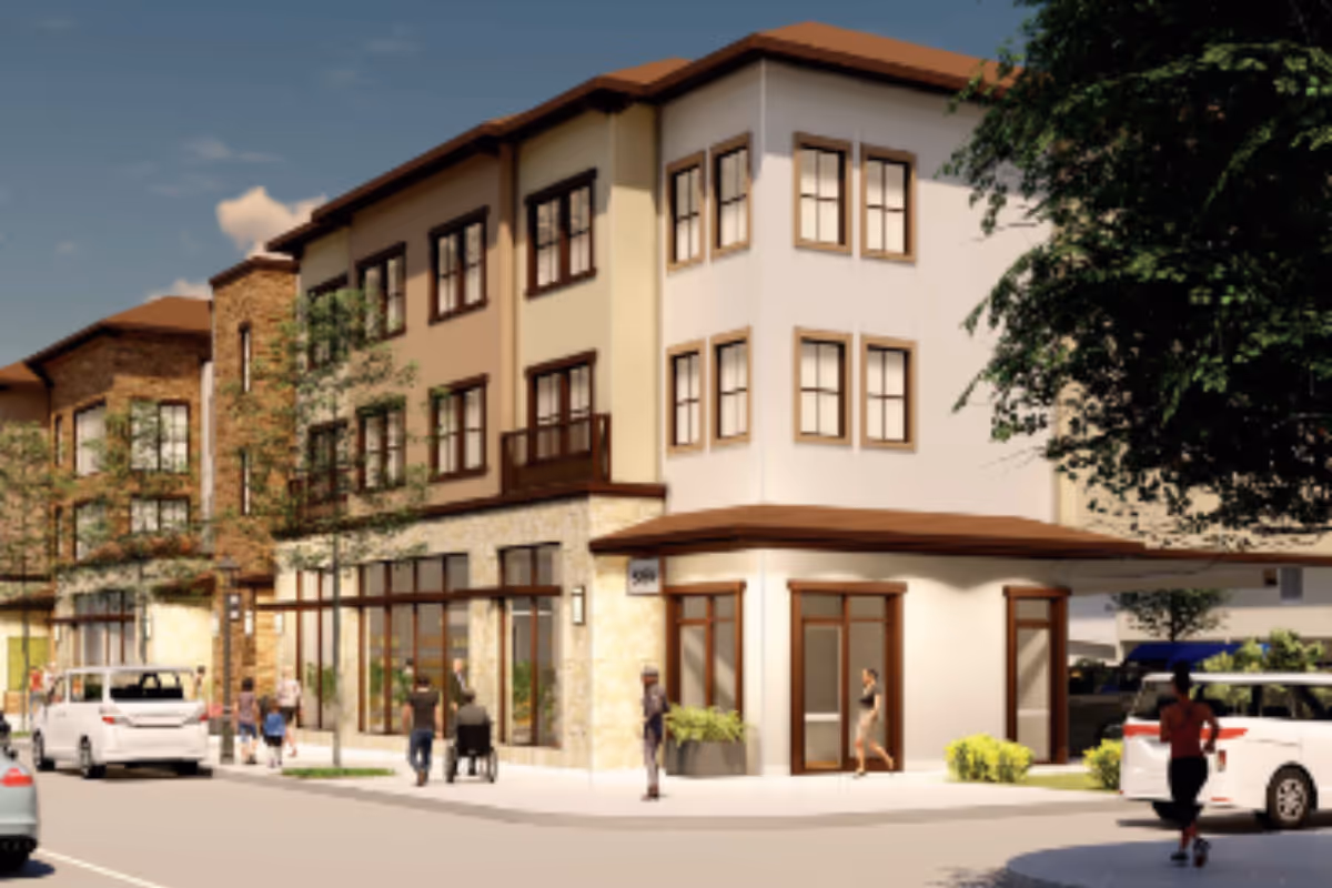 Exterior view of a multi-story senior living facility with pedestrians and parked cars.