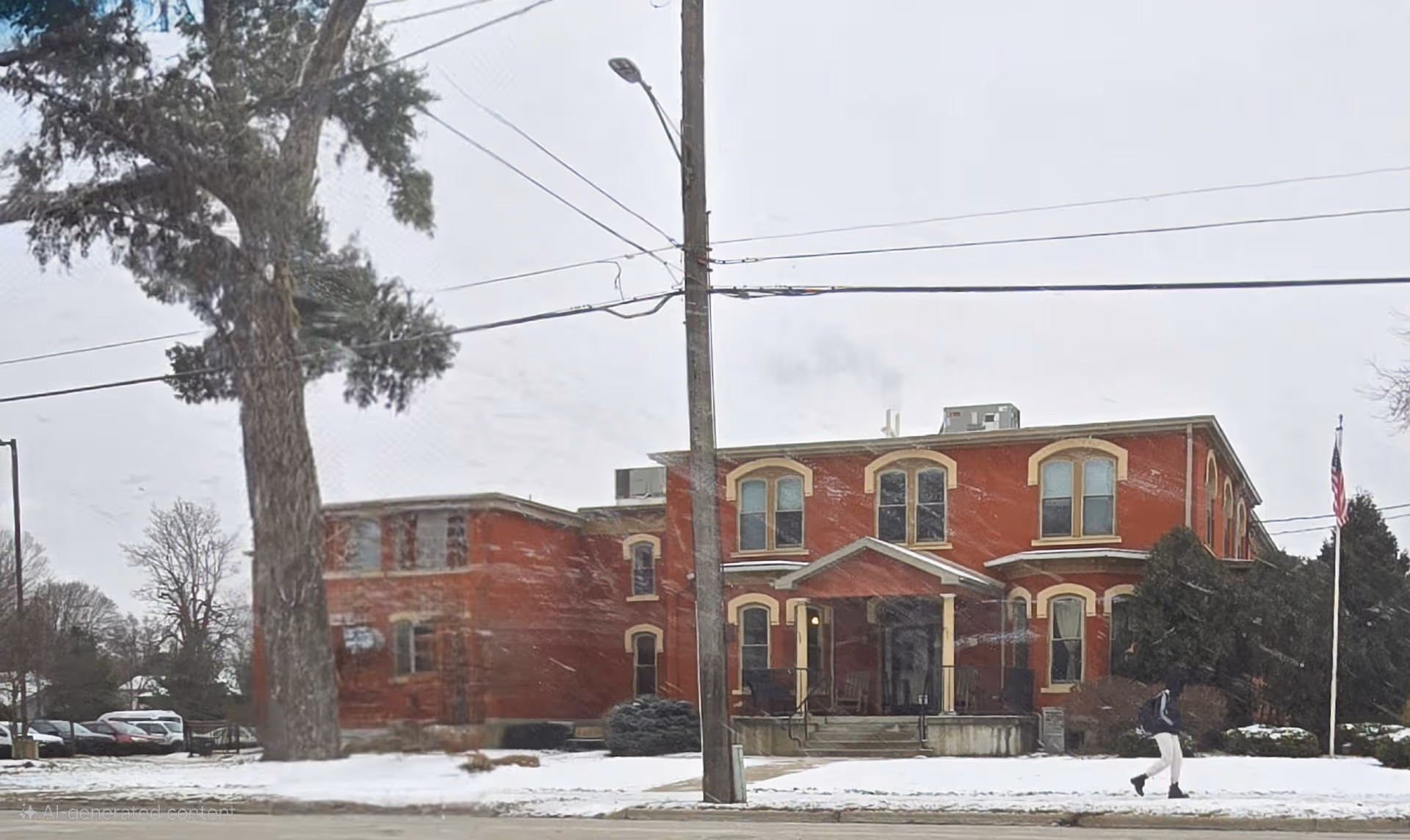 Front view of a red brick senior living facility with snow and entrance stairs.