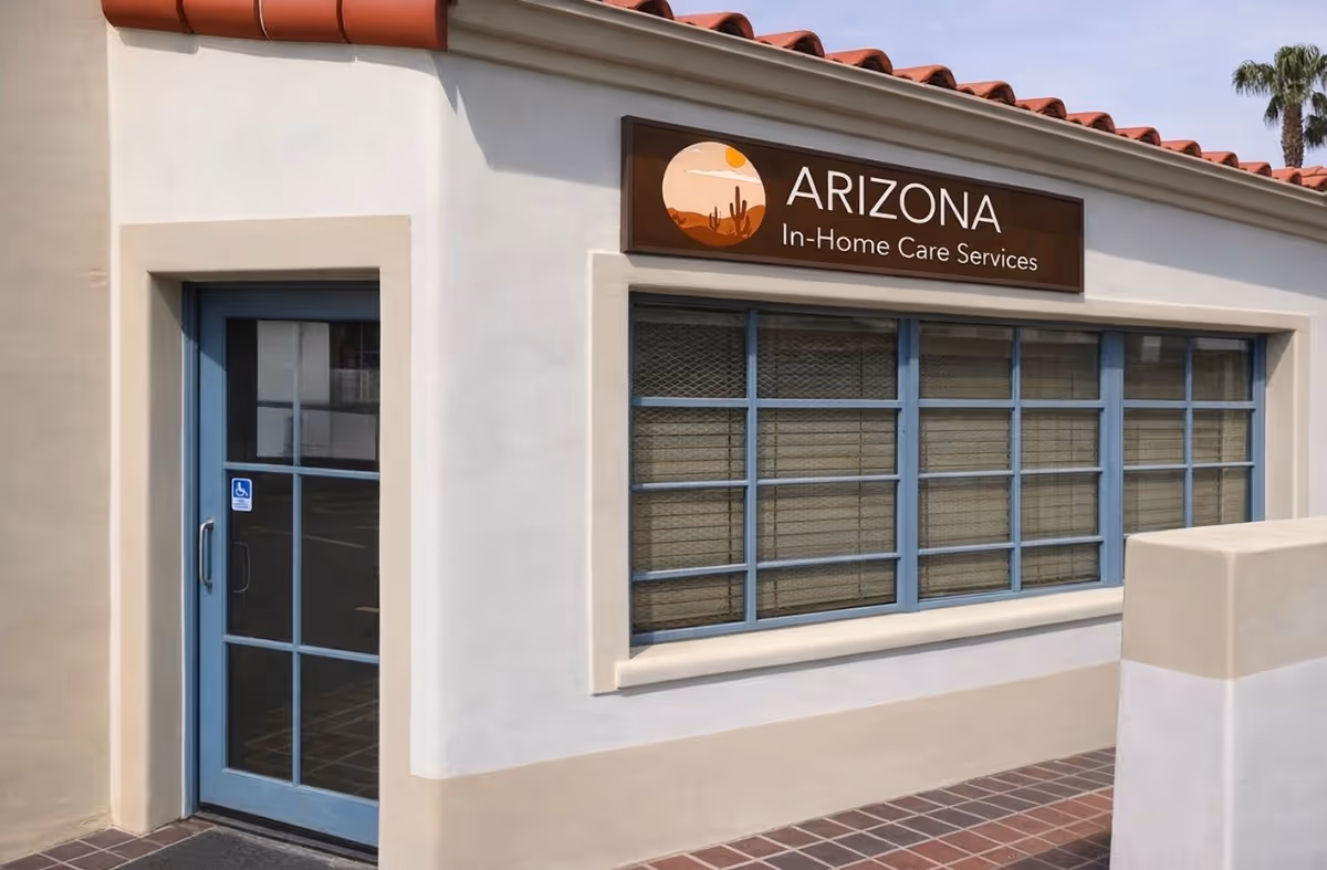 Exterior of Arizona In-Home Care Services building with blue door and large window.