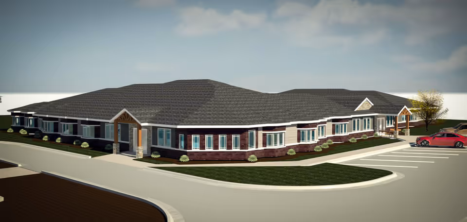 3D rendering of the Southwind at Spearville exterior building with driveway and parking