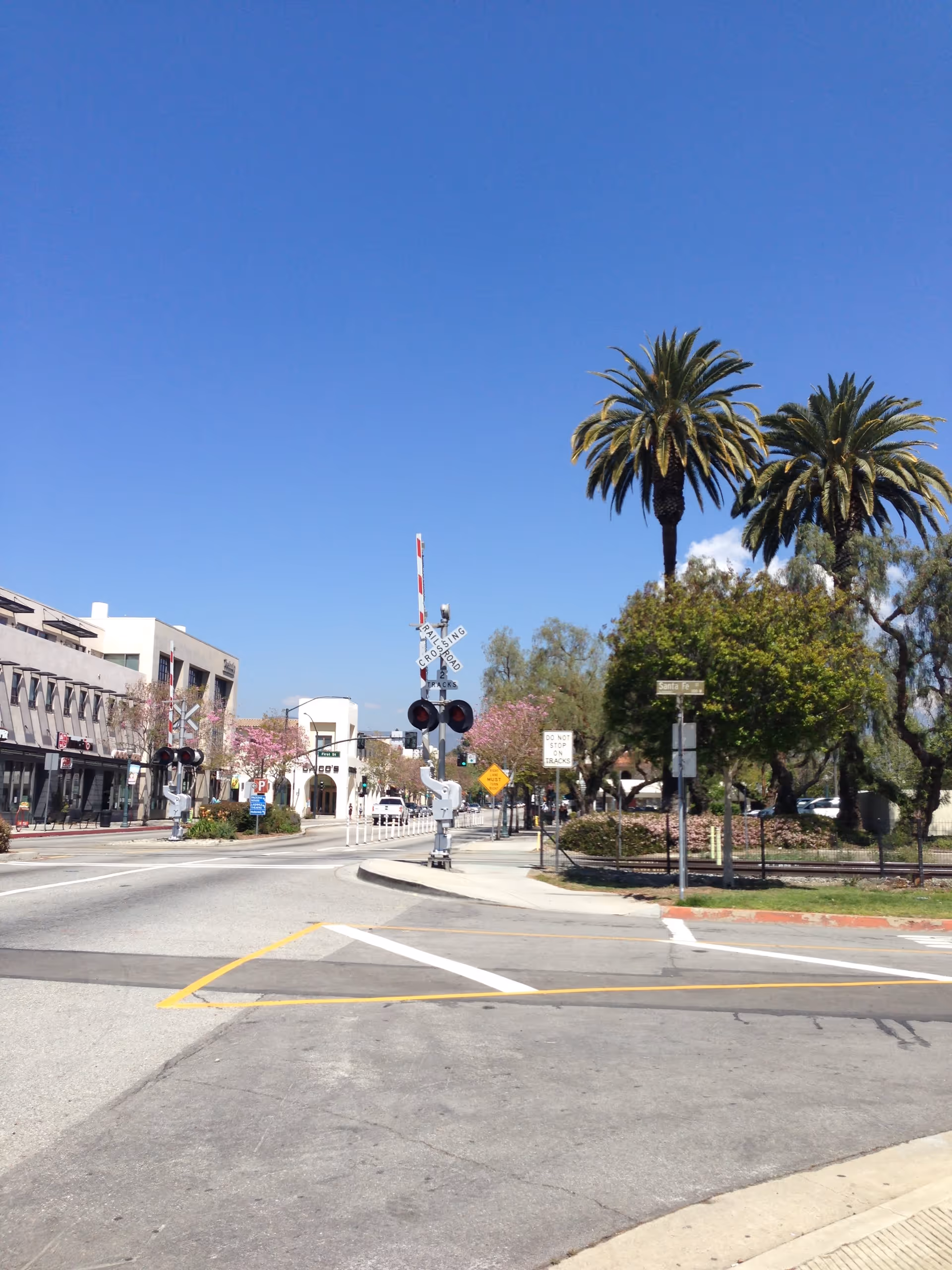 Sunny street intersection with palm trees, a railroad crossing signal, and buildings in the background.