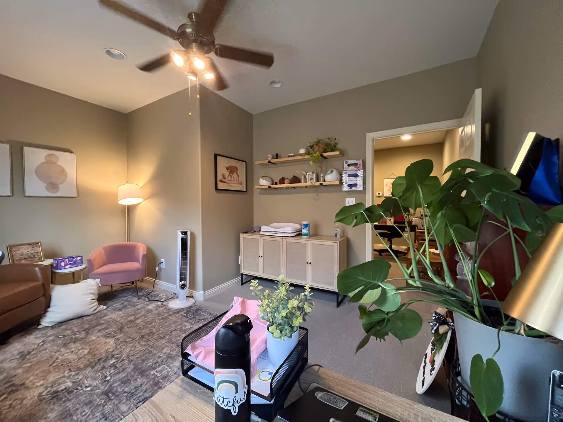 Cozy living room with beige walls, plants, seating, shelves, and a doorway.