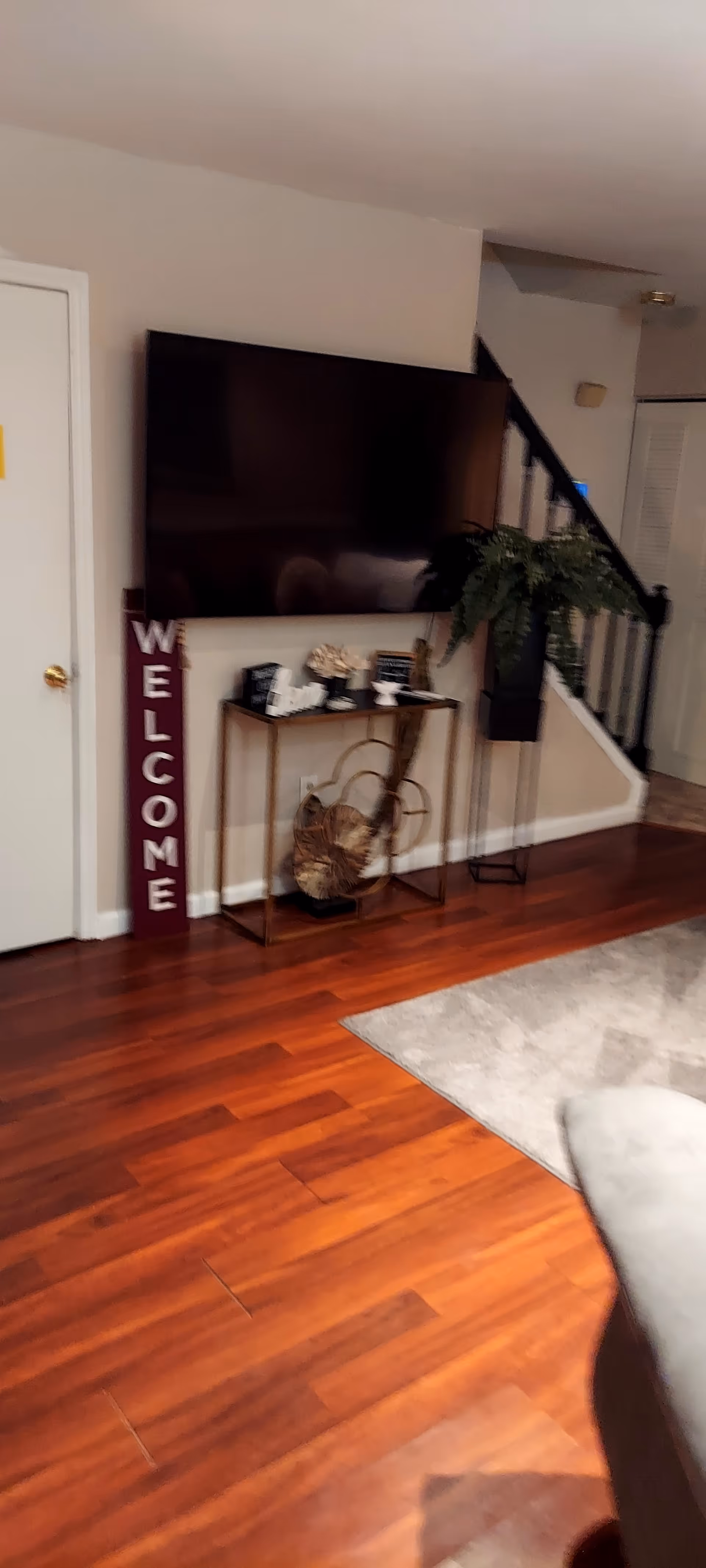 Living room with a wall-mounted TV, welcome sign, console table, and plant.