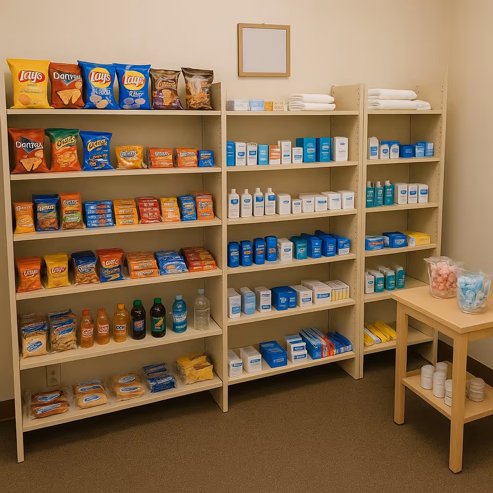 Shelves stocked with various snack foods, bottled drinks, personal care products, and towels in a well-organized room with beige walls and carpeted floor. A small wooden table holds containers with cotton balls and other small items.