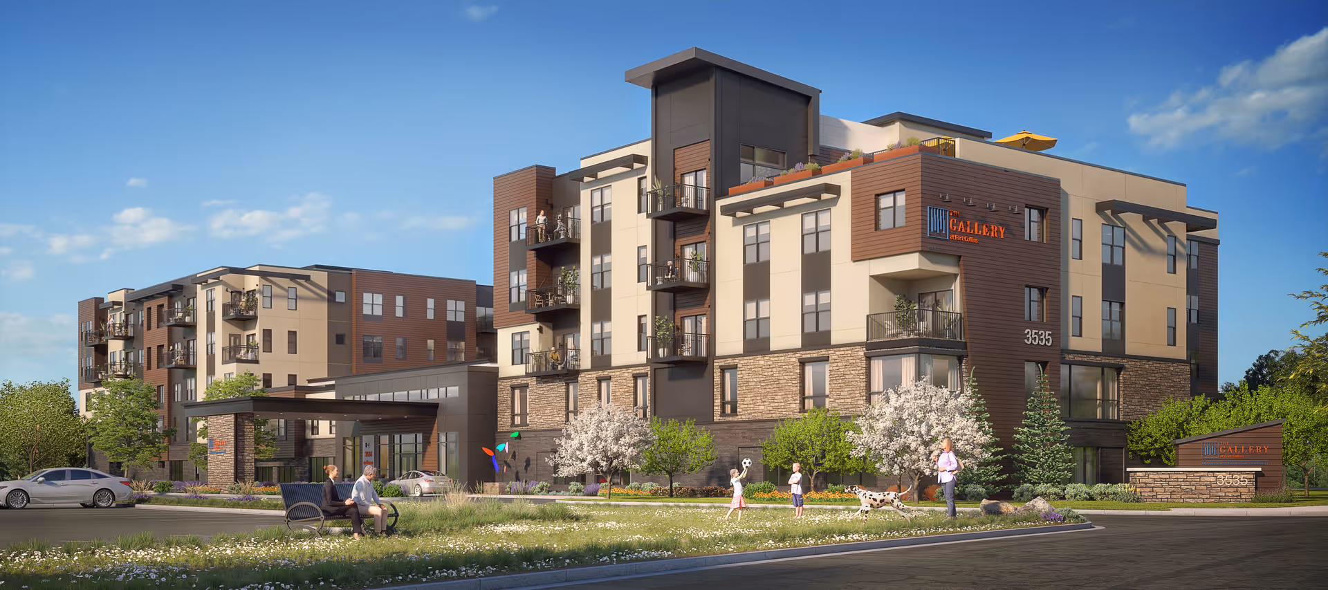 Exterior view of The Gallery at Fort Collins Leasing Center with residents outside.
