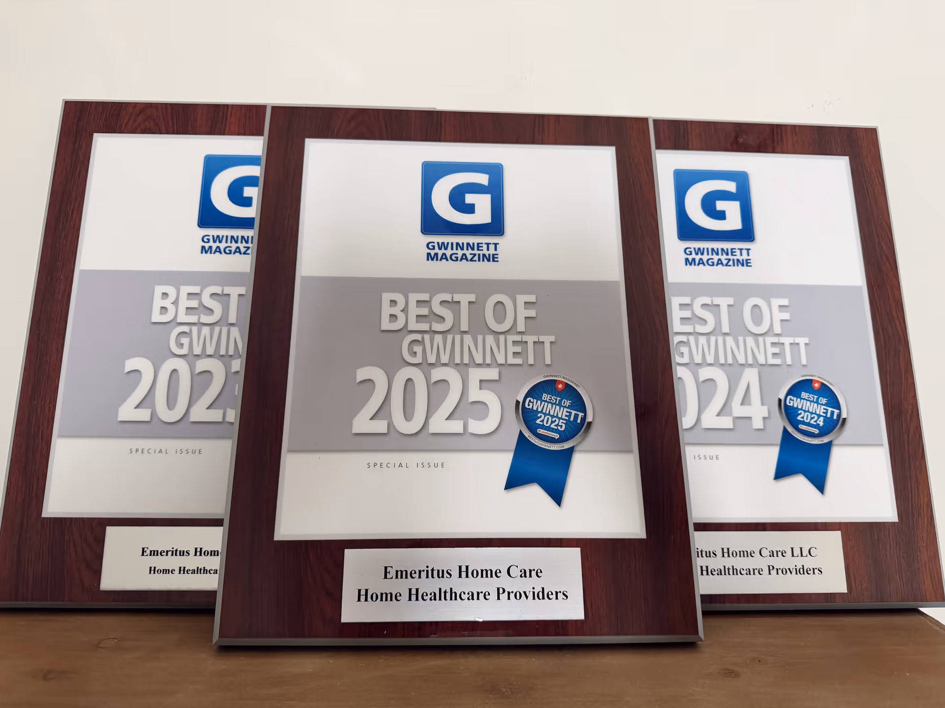 Three framed award plaques labeled Best of Gwinnett 2025 rest on a wooden backdrop.