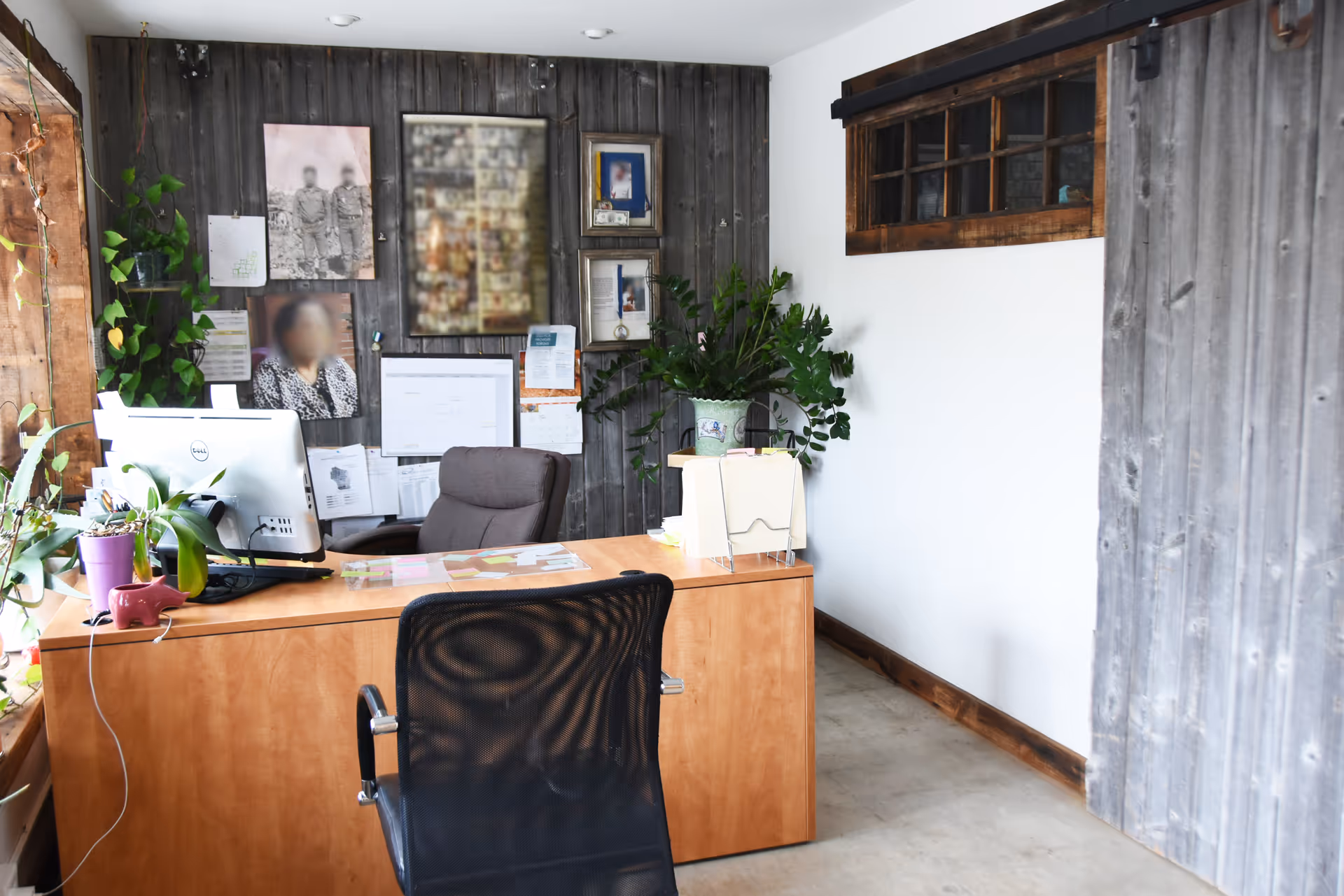 A tidy office desk with computer, chair, plants, and a wall bulletin board.