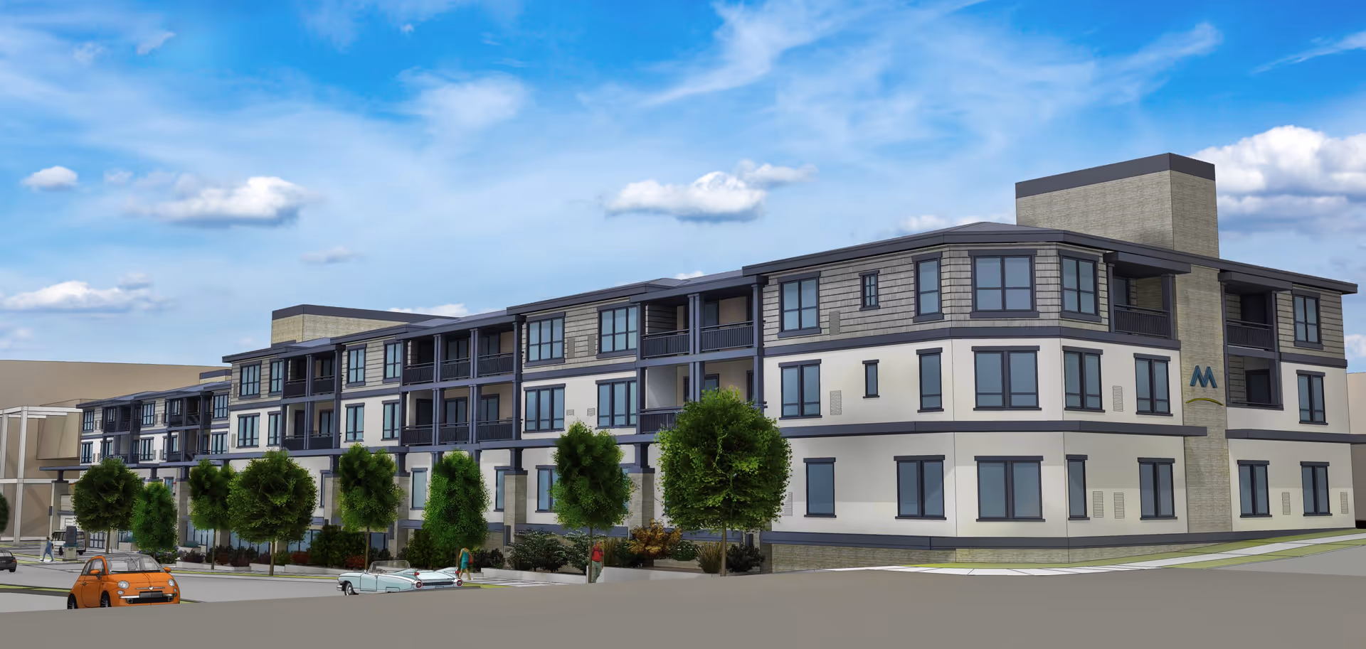 Exterior view of a three-story modern senior living building with balconies, trees, and parked cars under a partly cloudy sky.
