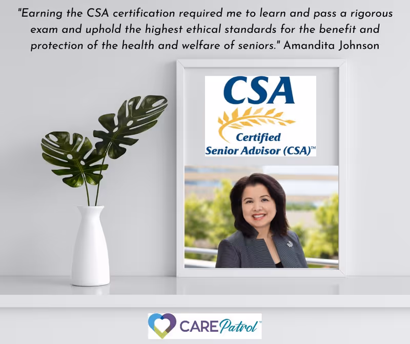 Interior shelf with framed CSA certificate, photo of a smiling woman, plant, and CarePatrol logo.