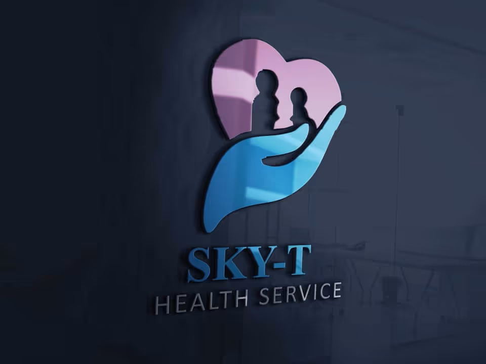Indoor lobby scene featuring a Sky-T Health Service logo on a dark wall.
