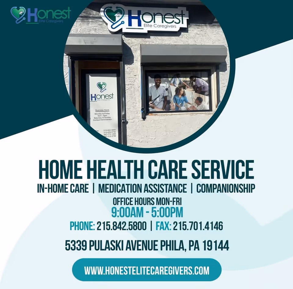 Storefront exterior of Honest Elite Caregivers with promotional signage and a window graphic.