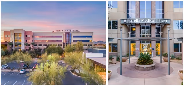 Side-by-side exterior views of a medical plaza with parking and a front entrance canopy.
