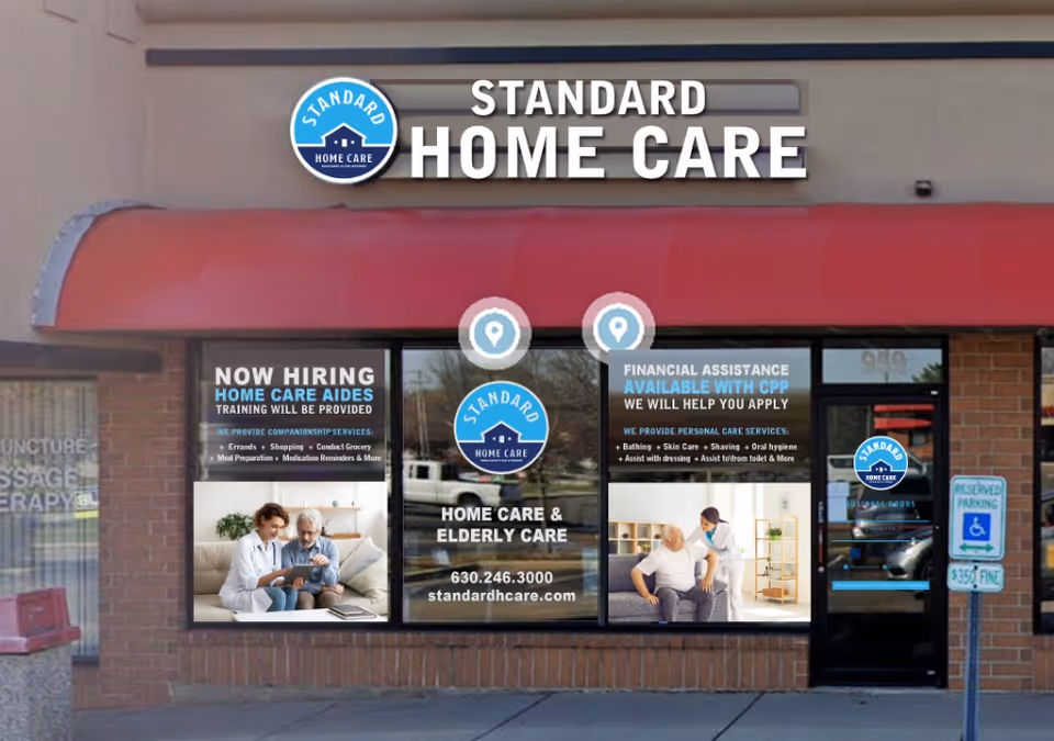 Storefront of Standard Home Care with large windows and branding signage.