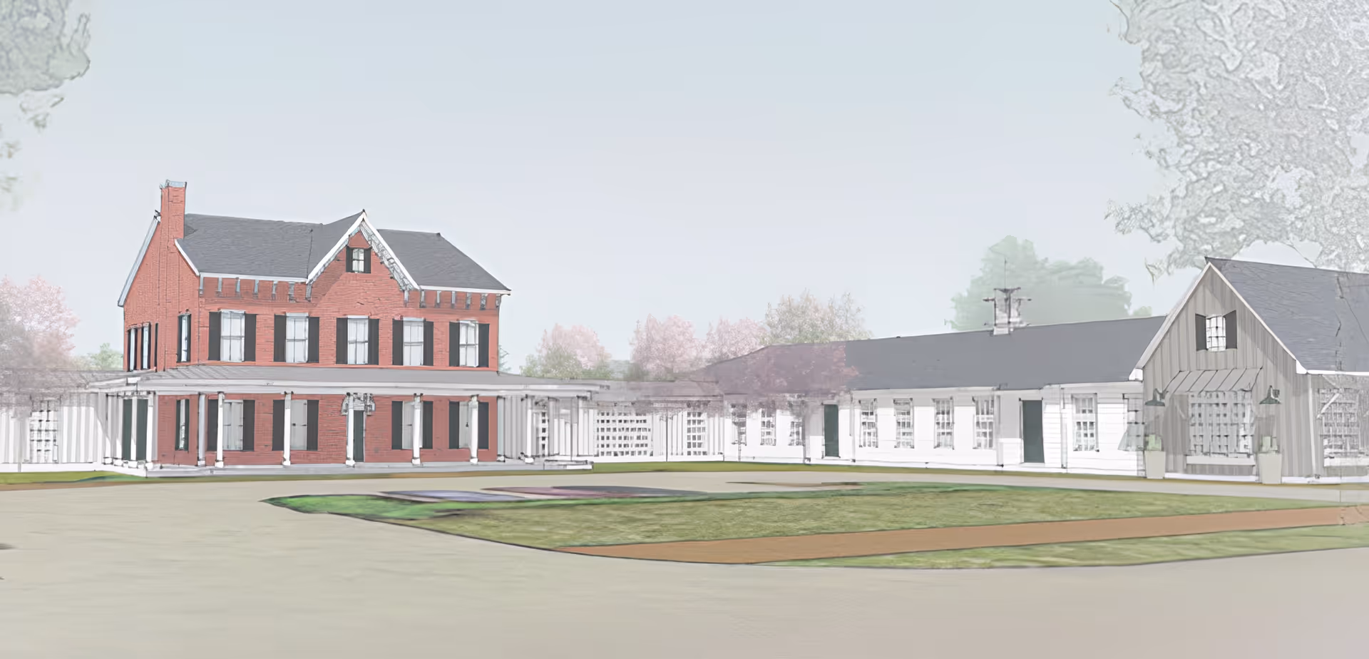 Exterior rendering of a red-brick two-story house joined to white single-story wings around a courtyard and circular driveway.