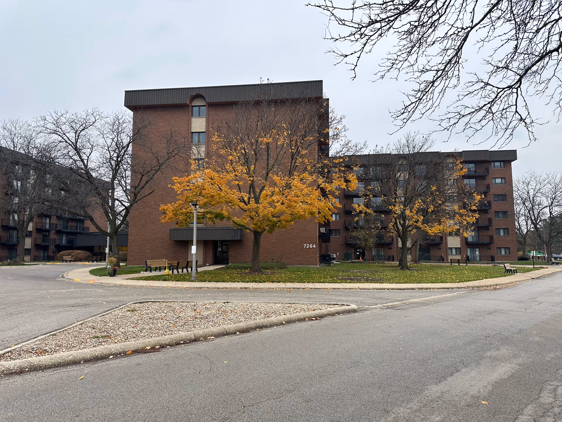Exterior view of a multi-story brick building with balconies, surrounded by leafless trees and some trees with yellow autumn leaves. The building has the number 7264 displayed on it. The sky is overcast and there is a paved road in the foreground.