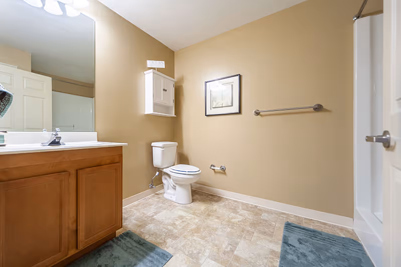 Bathroom featuring wooden vanity, toilet, shower, wall cabinet, framed art, beige walls, and blue mats.