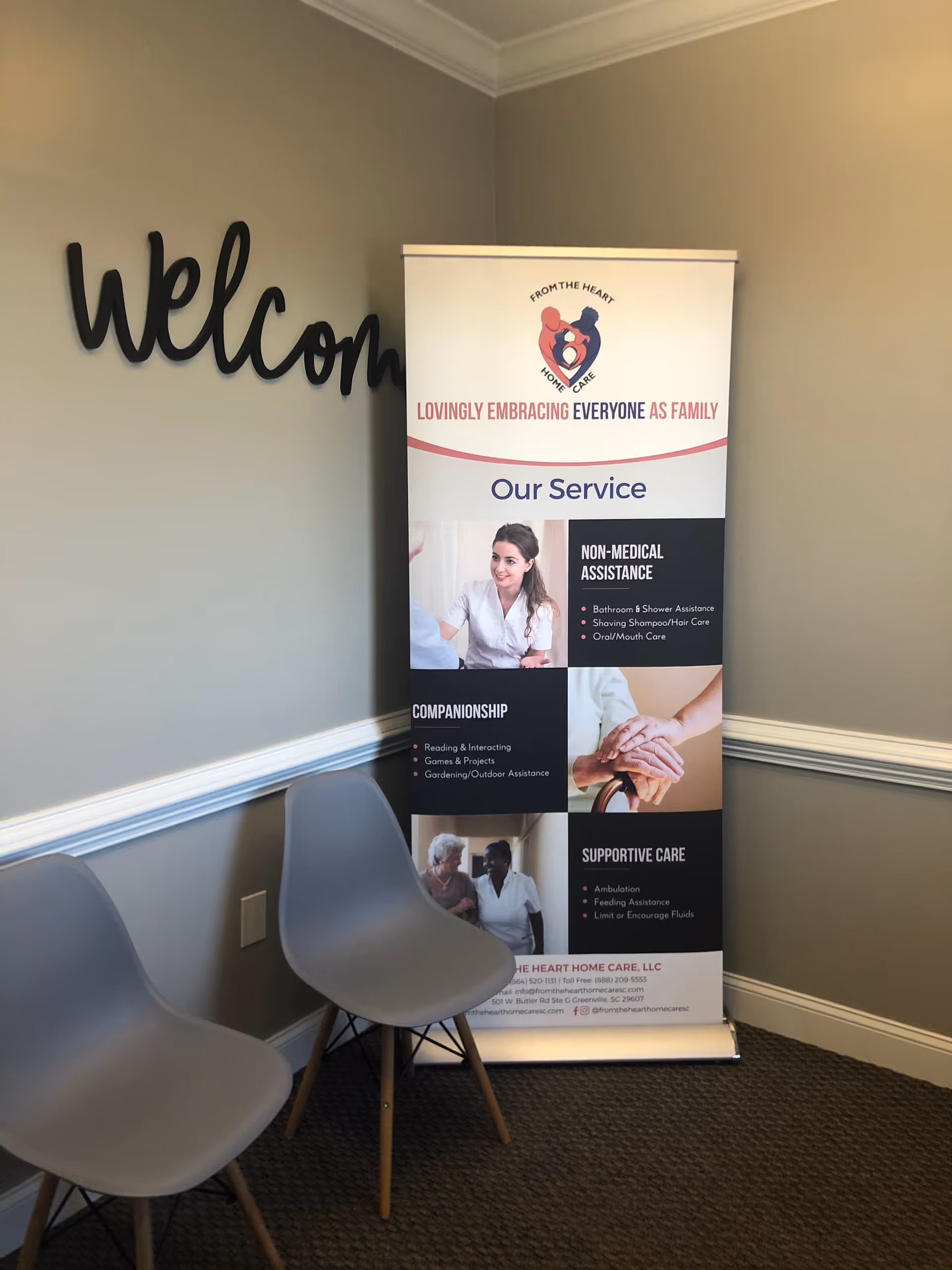 Interior corner with a welcome sign and From The Heart Home Care banner