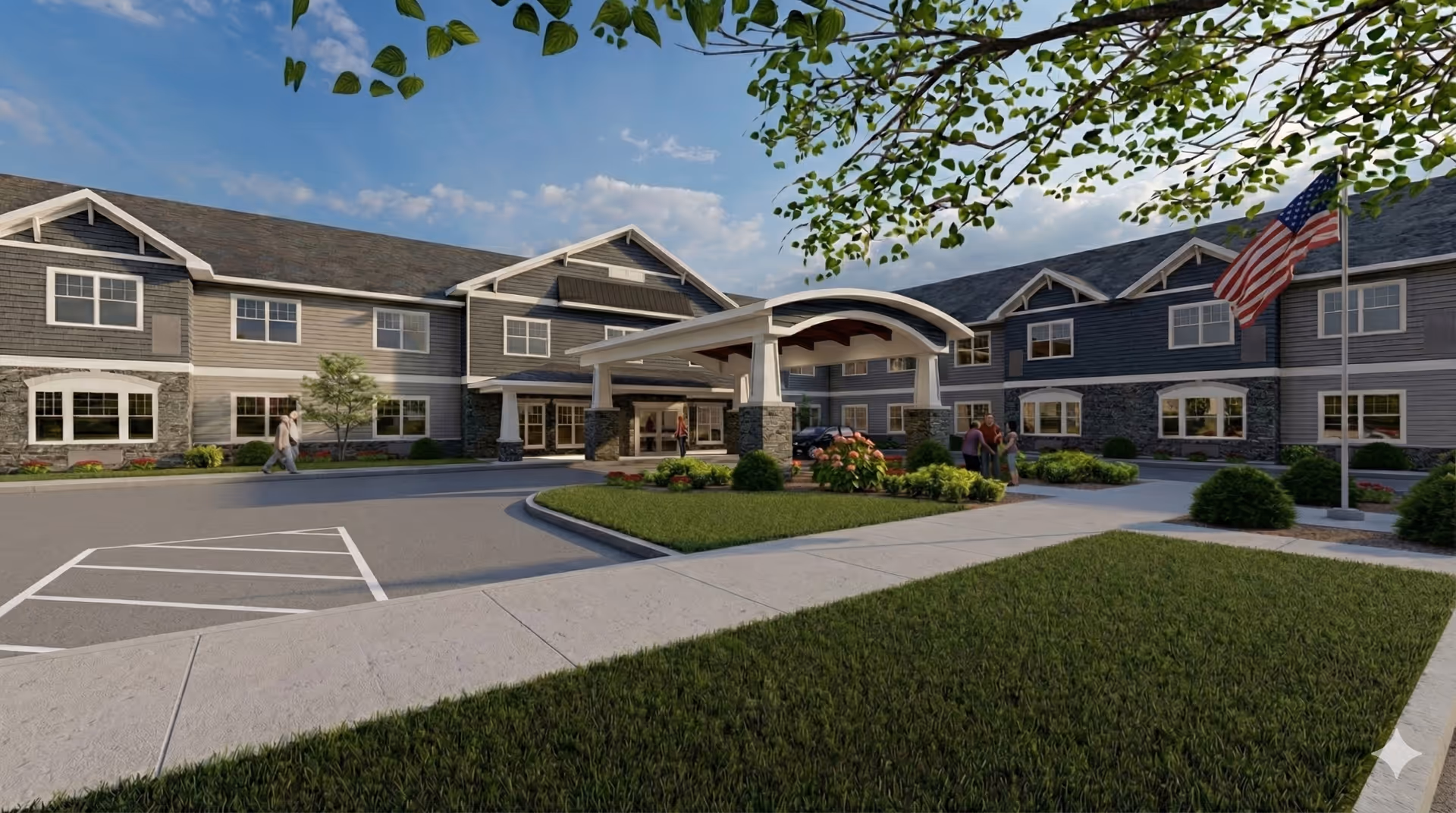 Exterior view of The Willows at Mill Creek showing the entrance and landscaped grounds.
