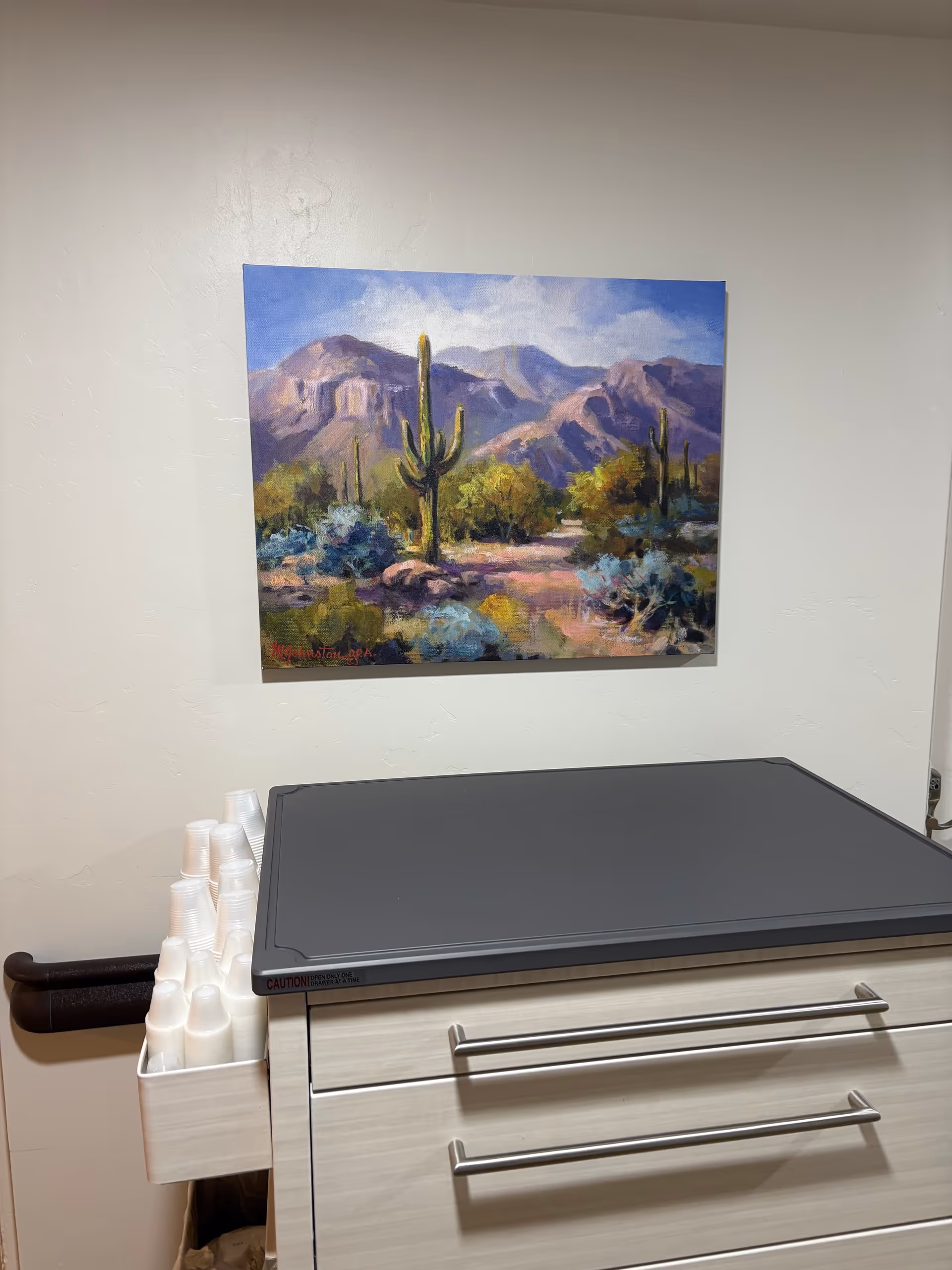 Medical examination table with stacked cups and a desert landscape painting on the wall.