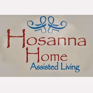 A wall sign reading Hosanna Home Assisted Living with blue decorative flourish above.