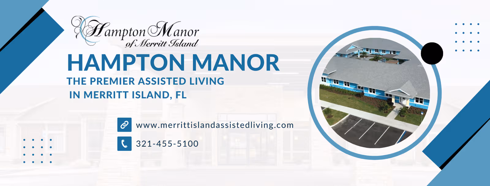 Promotional banner for Hampton Manor Merritt Island showing the building exterior and contact info.