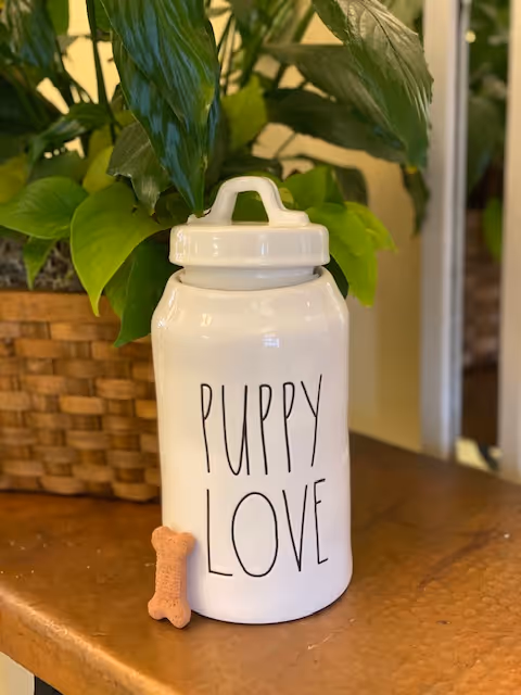 A white ceramic jar with a lid labeled 'PUPPY LOVE' sits on a brown surface next to a small bone-shaped dog treat. Behind the jar, there is a woven basket with green leafy plants.